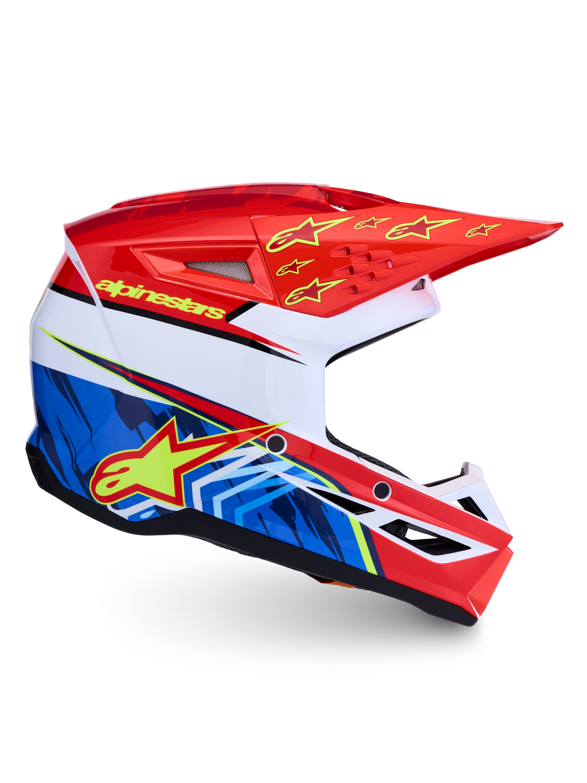 Alpinestars casco SM3 Falcon ECE06, casco da motocross fuoristrada da uomo, rosso, bianco e blu con dettagli gialli, certificato ECE 22.06, calotta termo-iniettata con grafica Falcon dinamica
