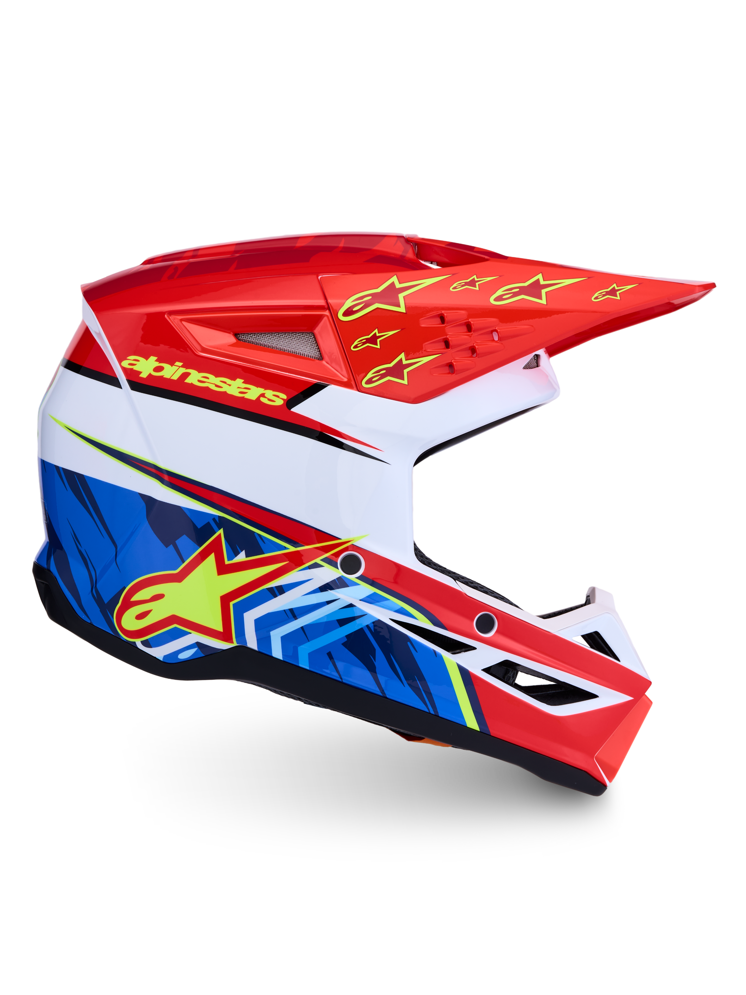 Alpinestars casco SM3 Falcon ECE06, casco da motocross fuoristrada da uomo, rosso, bianco e blu con dettagli gialli, certificato ECE 22.06, calotta termo-iniettata con grafica Falcon dinamica