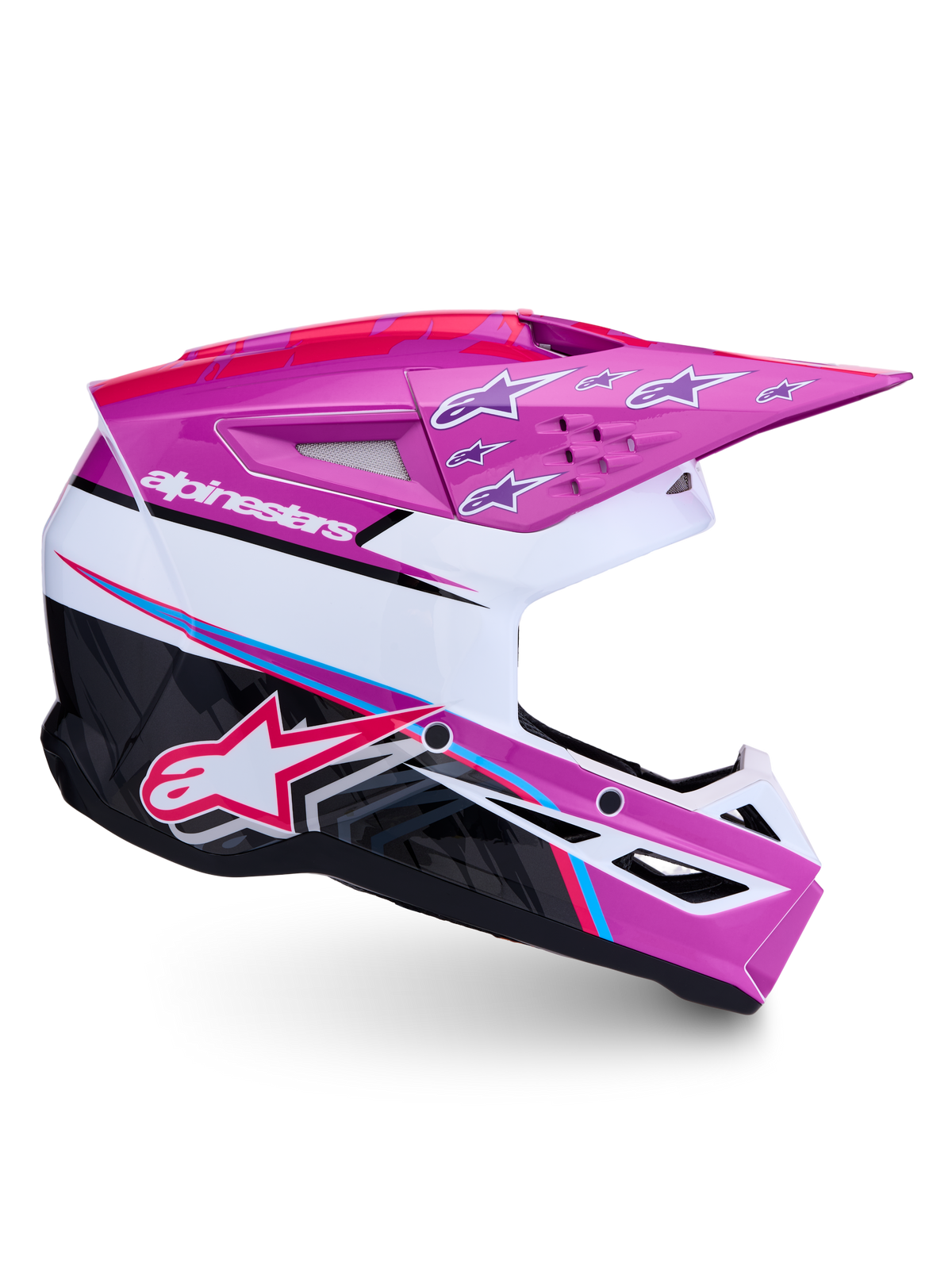 Alpinestars Casco SM3 Falcon ECE06, casco da motocross e off-road, viola, bianco e rosa fluo, con grafica Alpinestars e stelle sulla visiera, certificato ECE 22.06