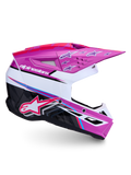 Alpinestars Casco SM3 Falcon ECE06, casco da motocross e off-road, viola, bianco e rosa fluo, con grafica Alpinestars e stelle sulla visiera, certificato ECE 22.06