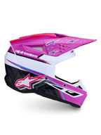 Alpinestars Casco SM3 Falcon ECE06, casco da motocross e off-road, viola, bianco e rosa fluo, con grafica Alpinestars e stelle sulla visiera, certificato ECE 22.06