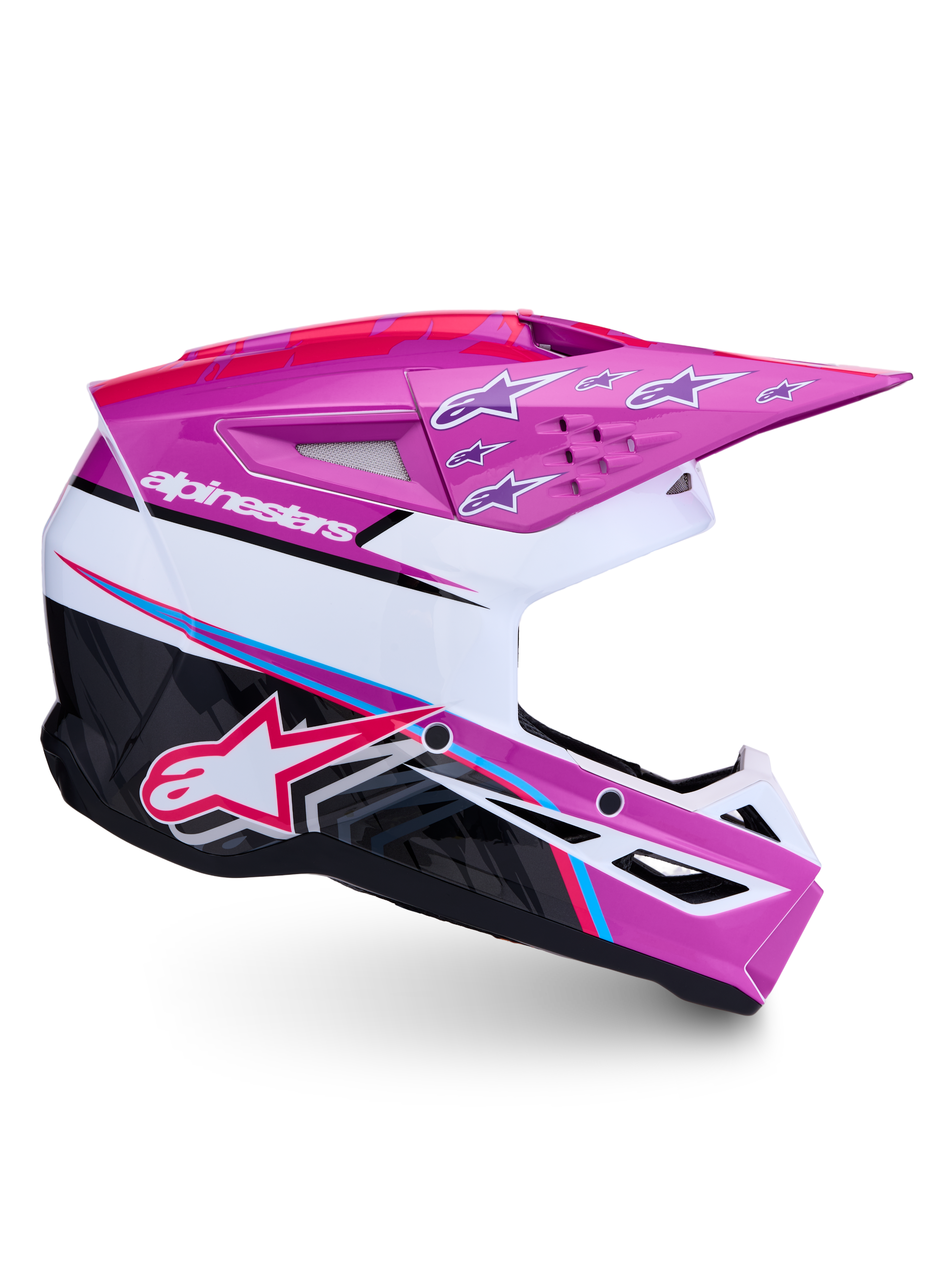 Alpinestars Casco SM3 Falcon ECE06, casco da motocross e off-road, viola, bianco e rosa fluo, con grafica Alpinestars e stelle sulla visiera, certificato ECE 22.06