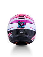 Casco Alpinestars SM3 Falcon ECE06, casco da motocross viola e bianco con grafica di un corvo pugile sul retro.