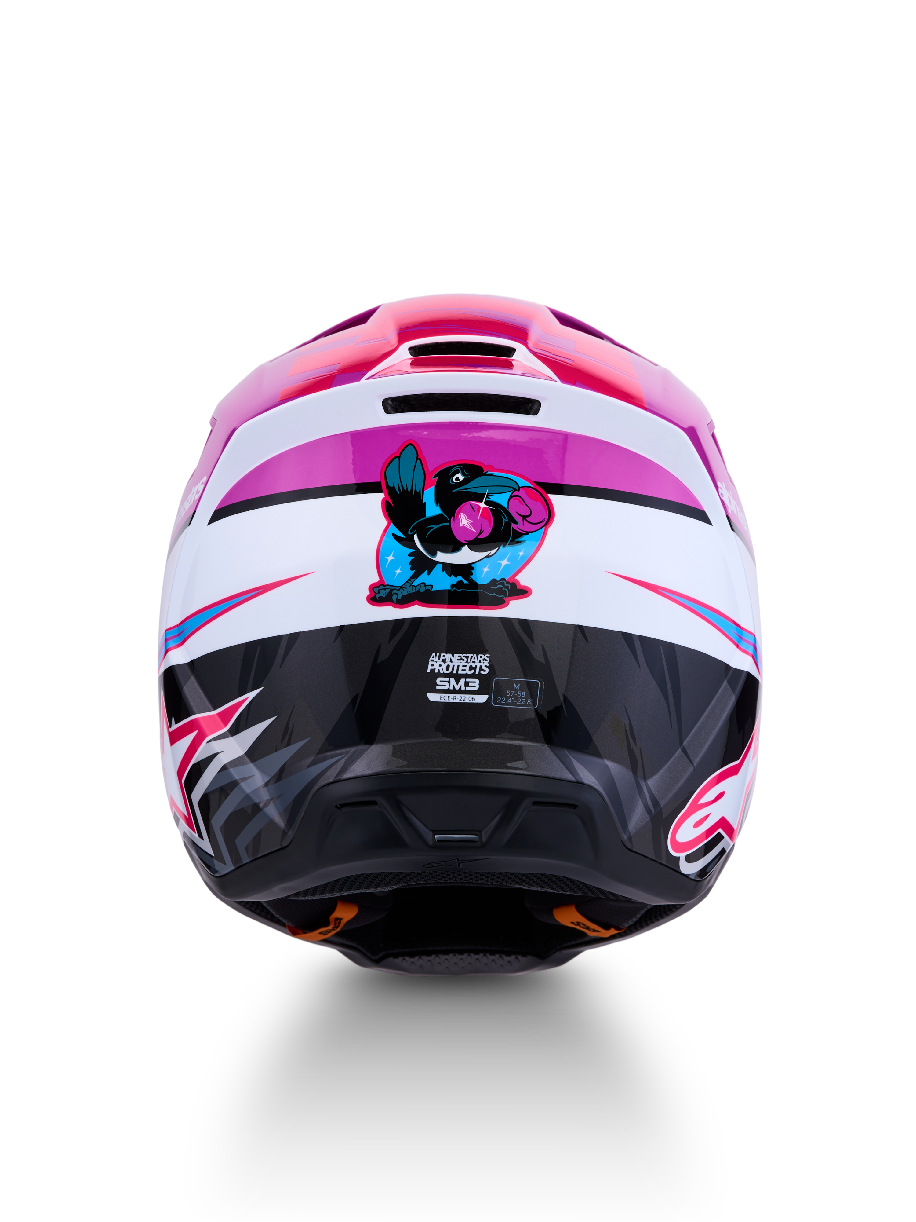 Casco Alpinestars SM3 Falcon ECE06, casco da motocross viola e bianco con grafica di un corvo pugile sul retro.