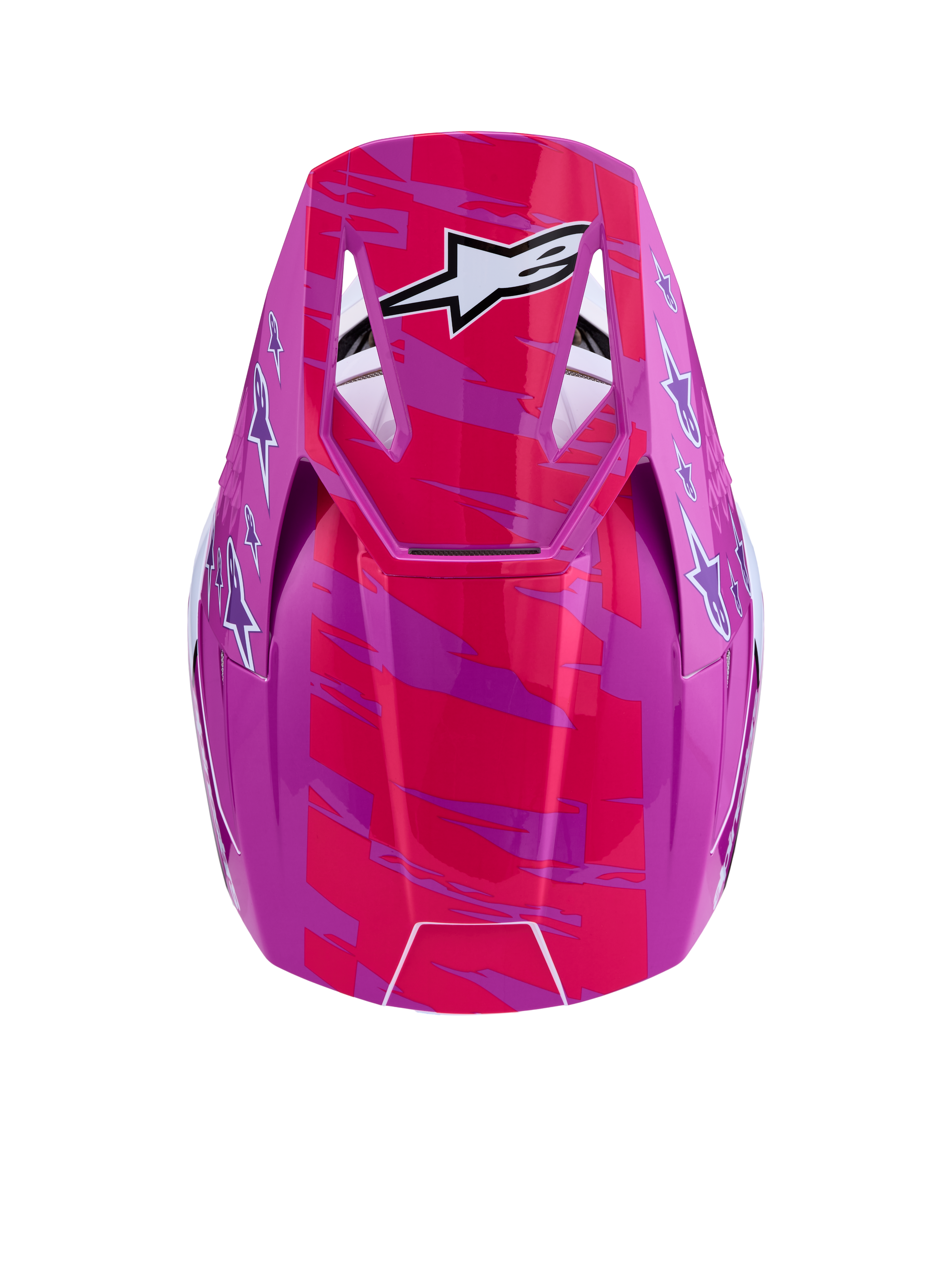 Alpinestars casco SM3 Falcon ECE06, casco da motocross rosa e viola lucido con grafica logo a stella bianco, vista dall'alto della visiera