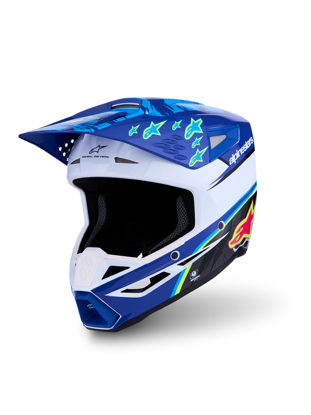 Alpinestars casco SM3 Falcon ECE06, casco da motocross blu e bianco con grafiche a stella gialle, certificato ECE 22.06.