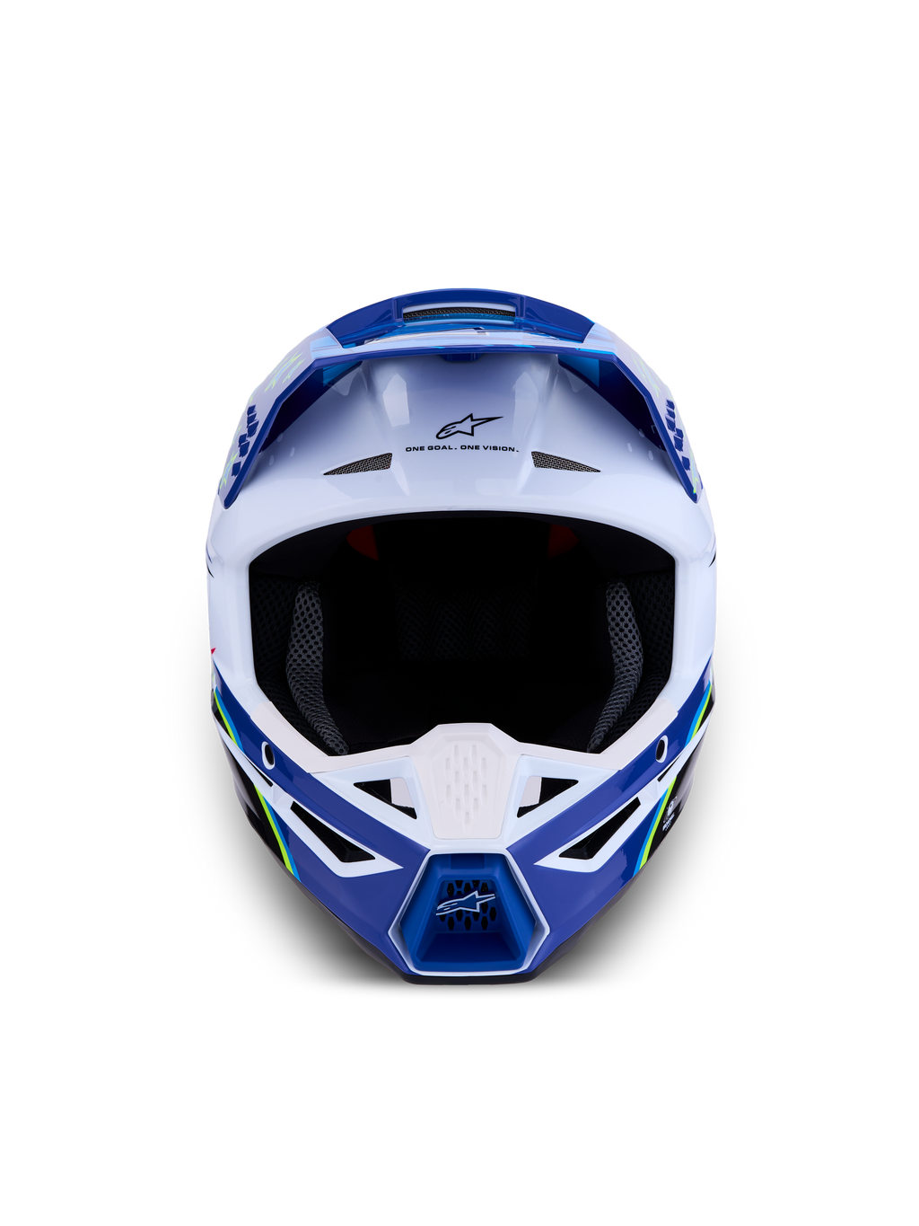 Alpinestars Casco SM3 Falcon ECE06, casco da motocross e off-road, blu e bianco con accenti giallo fluo, certificato ECE 22.06, design aerodinamico con sistema di ventilazione avanzato e logo Astars frontale