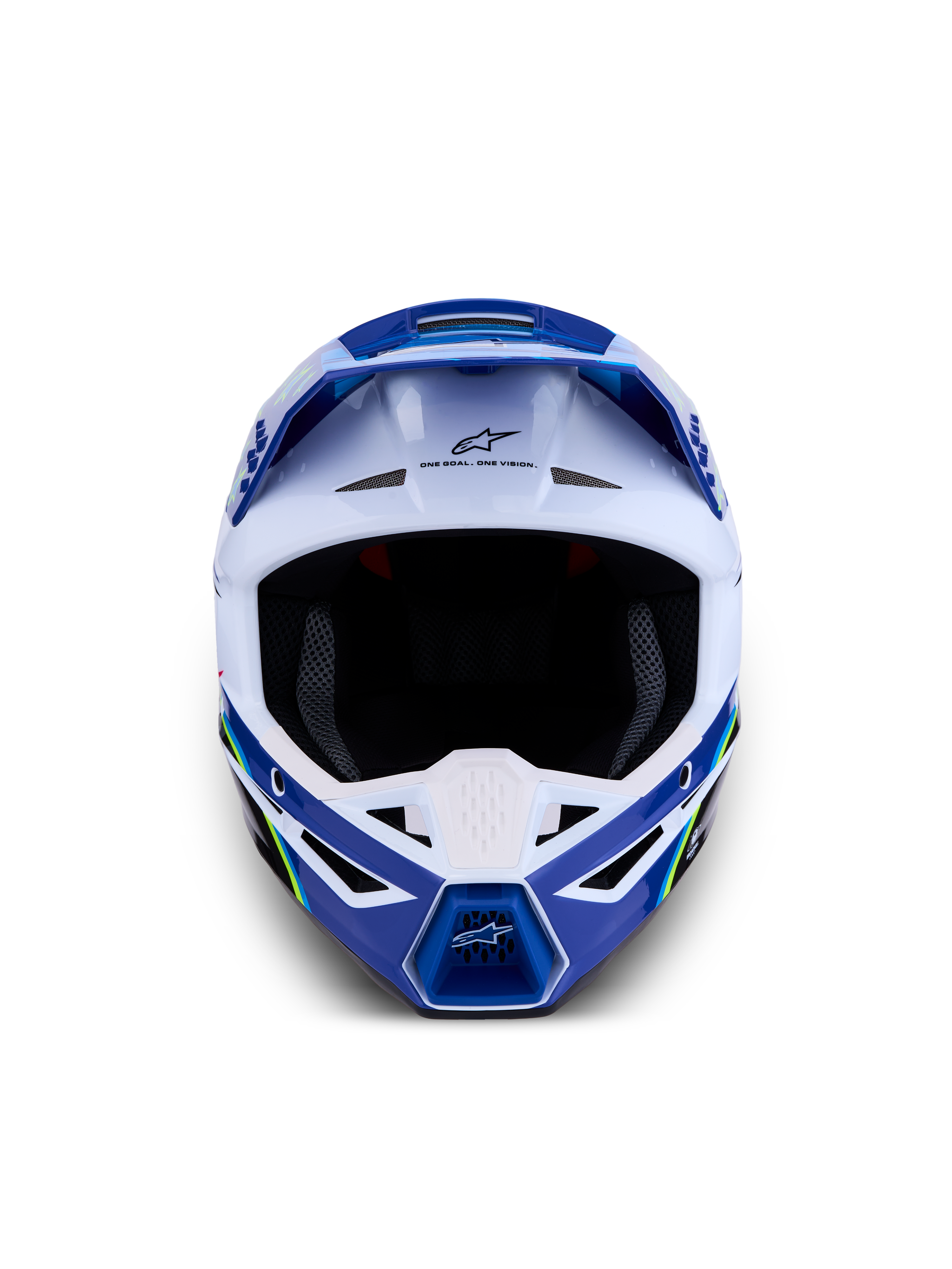 Alpinestars Casco SM3 Falcon ECE06, casco da motocross e off-road, blu e bianco con accenti giallo fluo, certificato ECE 22.06, design aerodinamico con sistema di ventilazione avanzato e logo Astars frontale