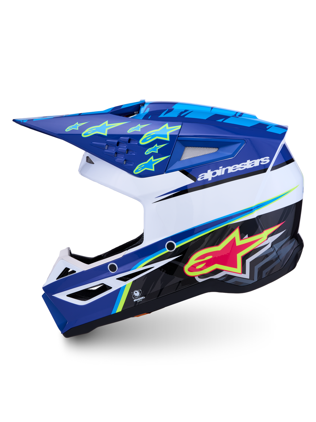 Alpinestars casco SM3 Falcon ECE06, casco da motocross blu e bianco lucido con grafiche rosa e giallo fluo, protezione off-road omologata ECE
