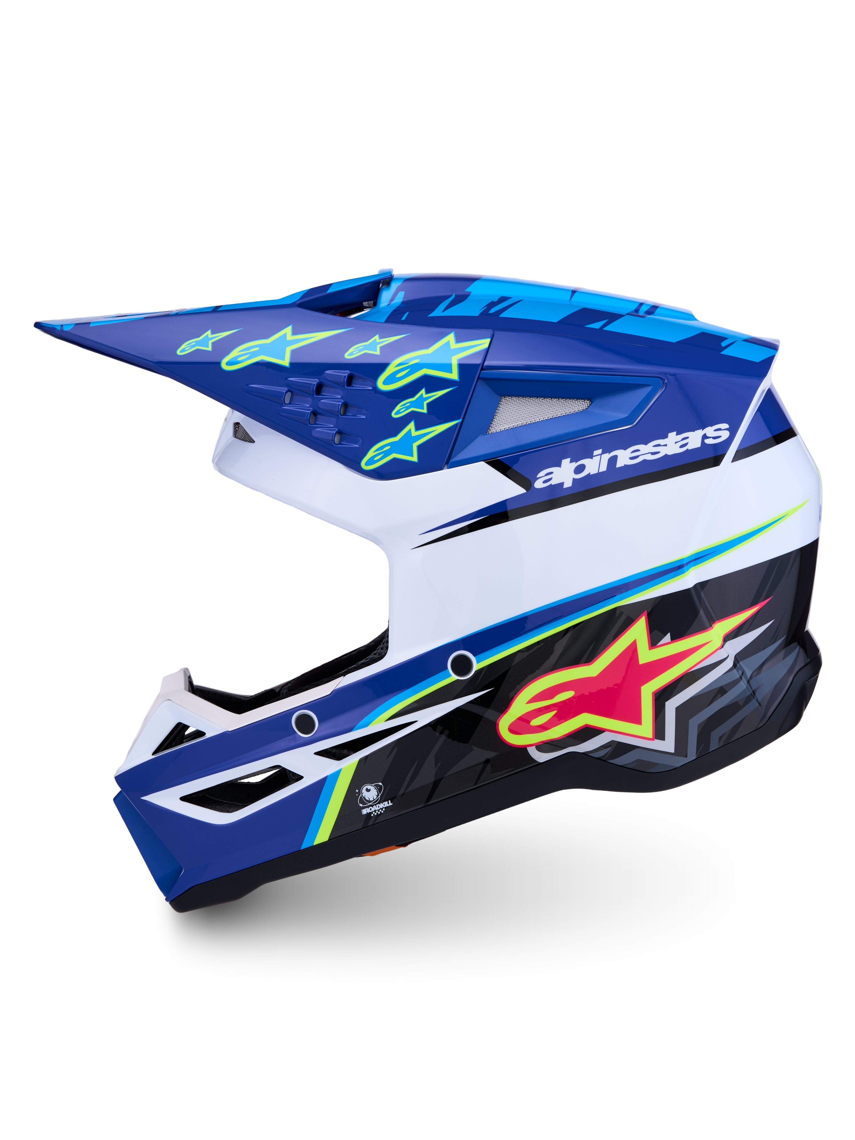 Alpinestars casco SM3 Falcon ECE06, casco da motocross blu e bianco lucido con grafiche rosa e giallo fluo, protezione off-road omologata ECE