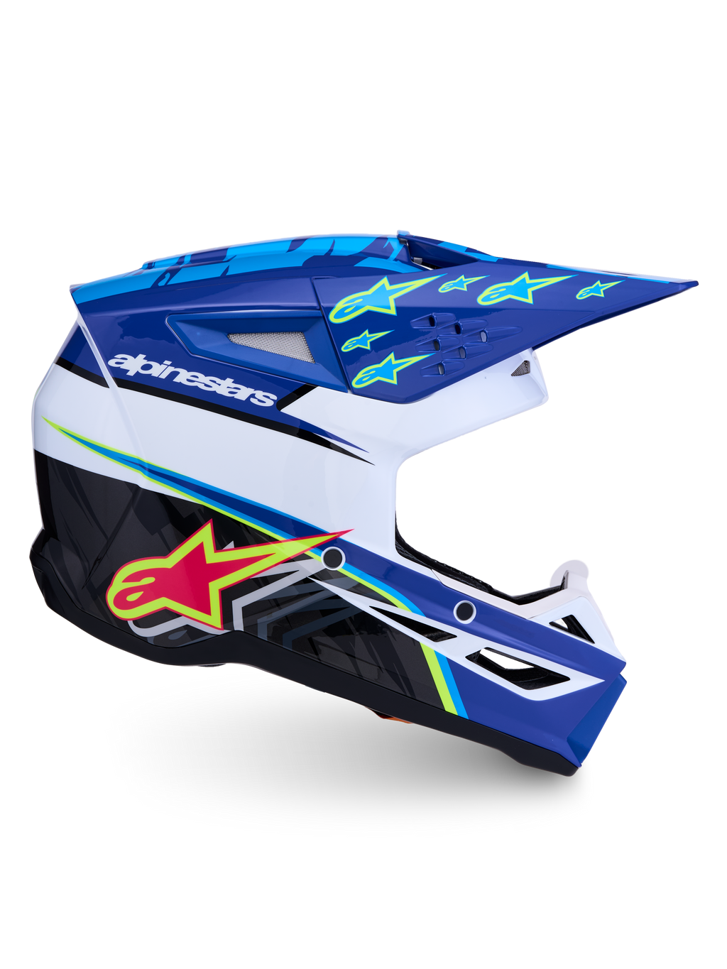 Alpinestars Casco SM3 Falcon ECE06, casco da motocross e off-road, blu e bianco con grafiche a stella giallo fluo, ventilazione avanzata, certificato ECE 22.06