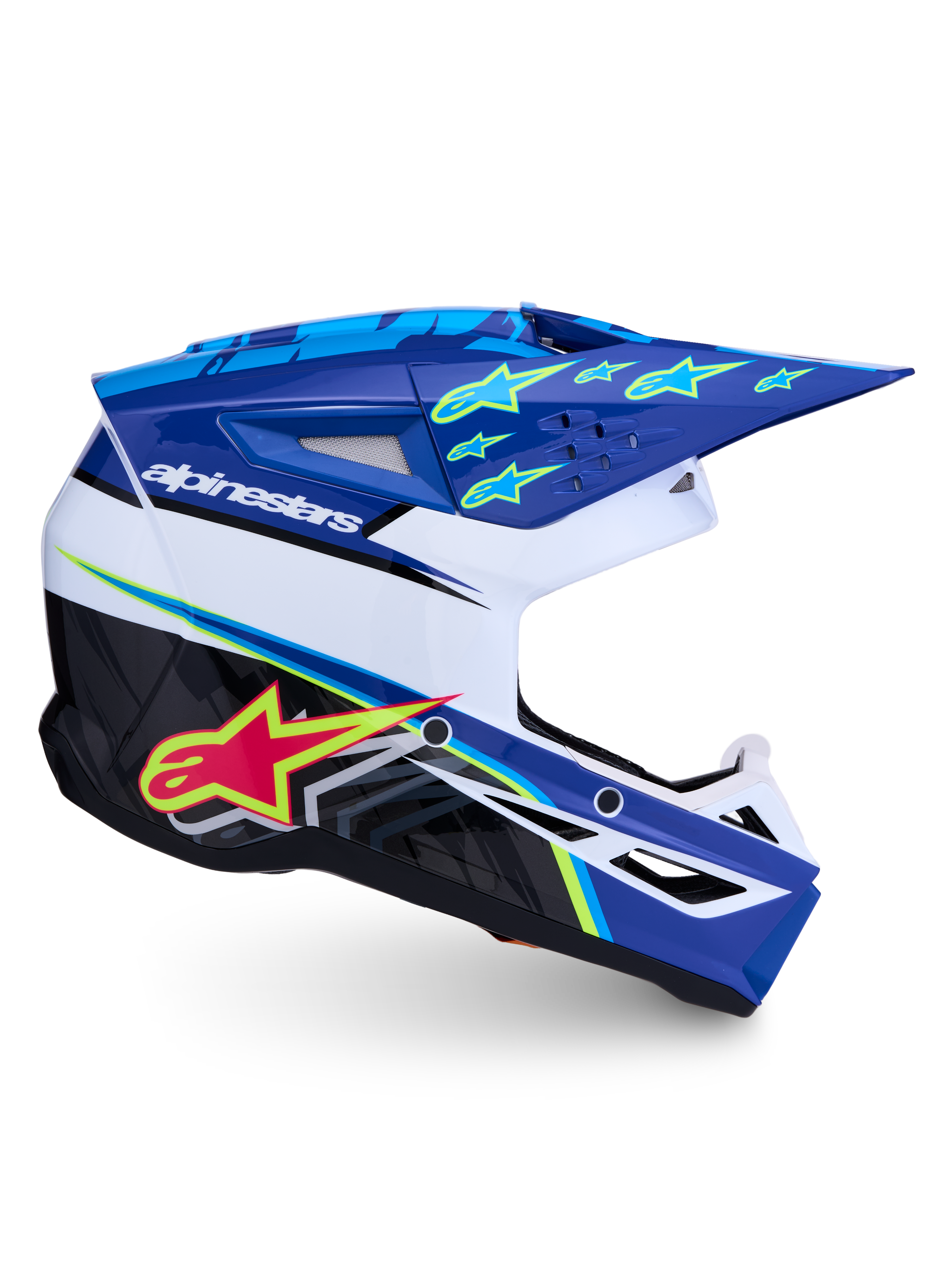 Alpinestars Casco SM3 Falcon ECE06, casco da motocross e off-road, blu e bianco con grafiche a stella giallo fluo, ventilazione avanzata, certificato ECE 22.06