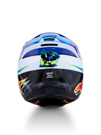 Alpinestars Casco SM3 Falcon ECE06, casco da motocross off-road, vista posteriore con grafica originale di uccello pugile, blu e bianco, certificazione ECE 22.06 e prese d'aria per ventilazione ottimale.