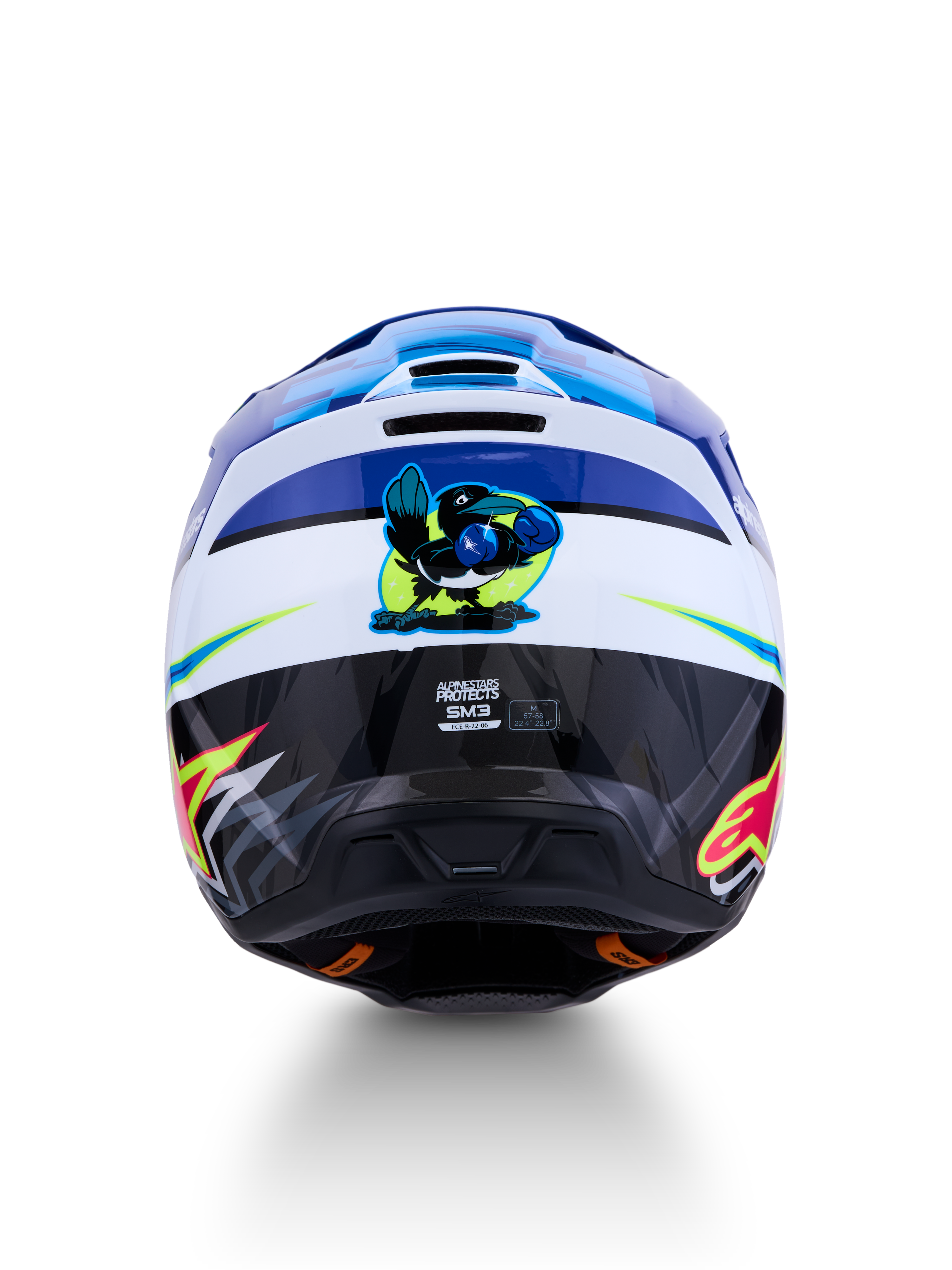 Alpinestars Casco SM3 Falcon ECE06, casco da motocross off-road, vista posteriore con grafica originale di uccello pugile, blu e bianco, certificazione ECE 22.06 e prese d'aria per ventilazione ottimale.