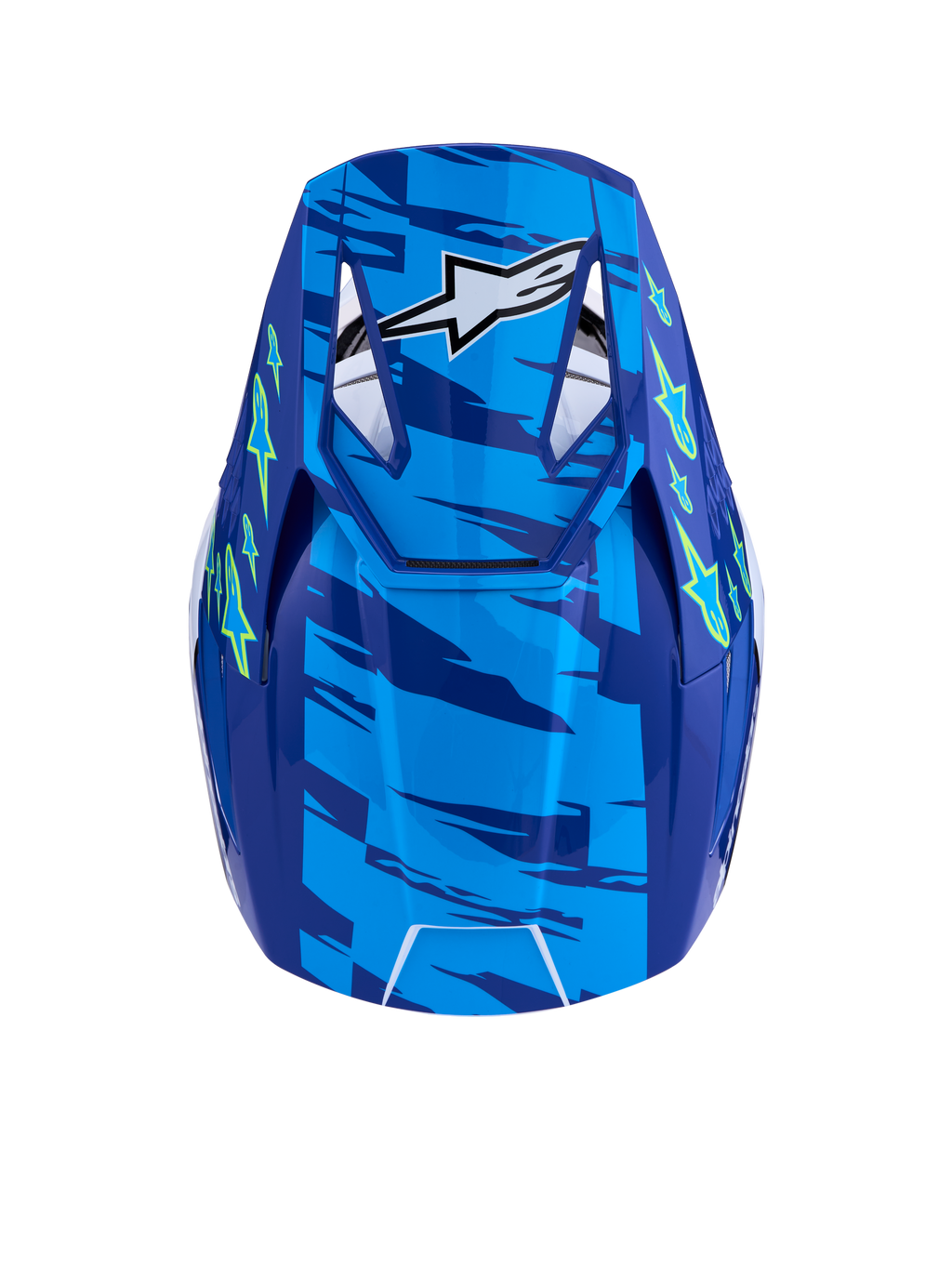 Alpinestars casco SM3 Falcon ECE06, casco MX blu e giallo fluo, vista dall'alto con visiera ventilata, certificato ECE 22.06