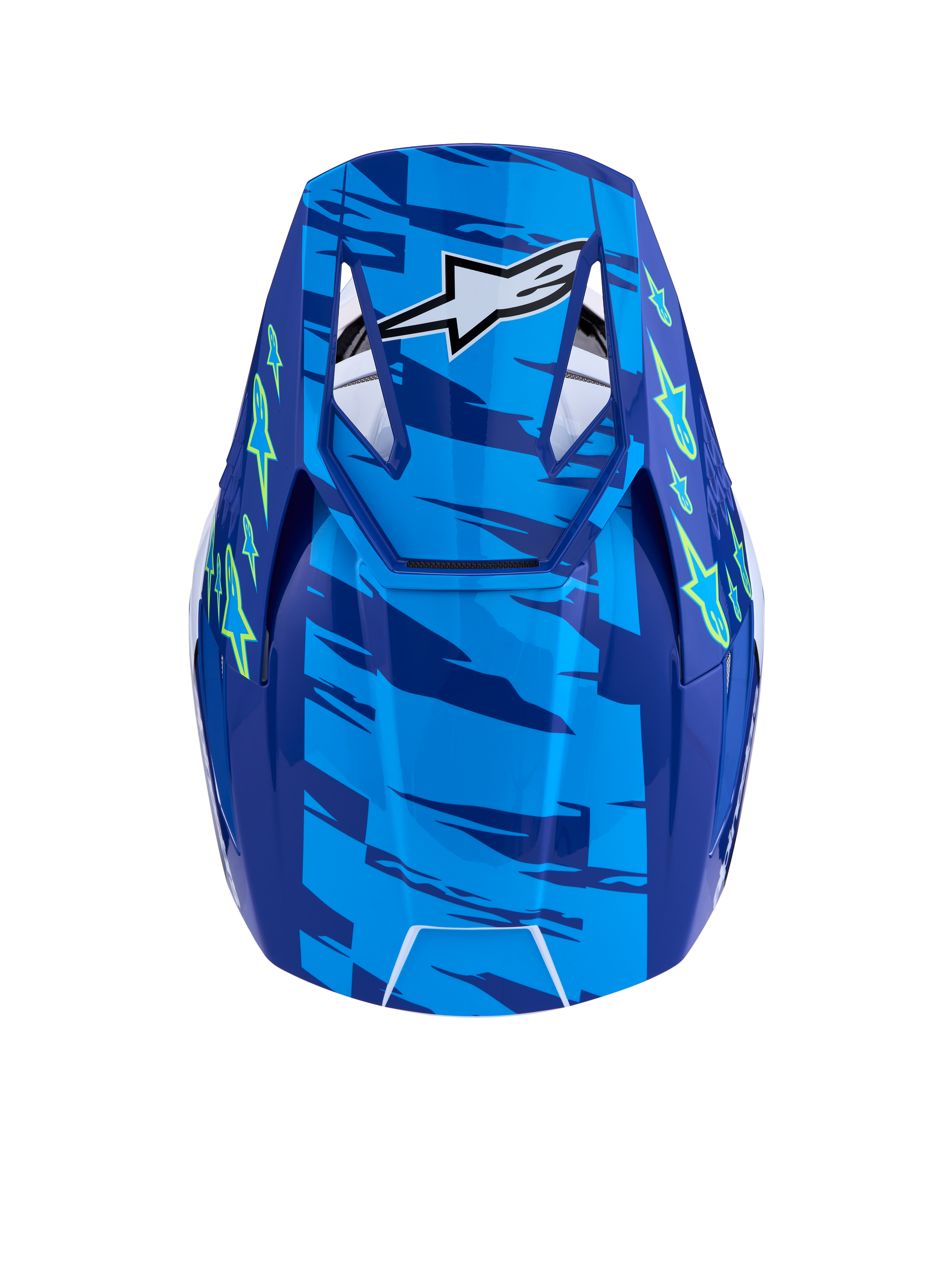 Alpinestars casco SM3 Falcon ECE06, casco MX blu e giallo fluo, vista dall'alto con visiera ventilata, certificato ECE 22.06