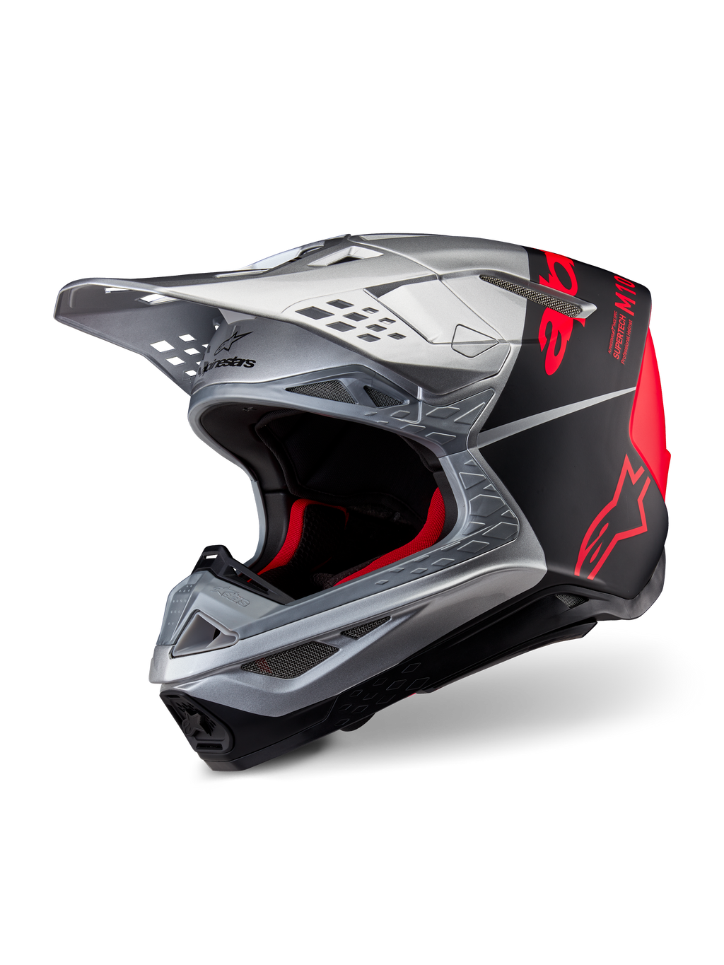 Alpinestars Supertech M10 Flood ECE 22.06 Helmet, casco da motocross, argento, nero e arancione fluo, finitura opaca e lucida, calotta in carbonio con logo Alpinestars e numerose prese d'aria
