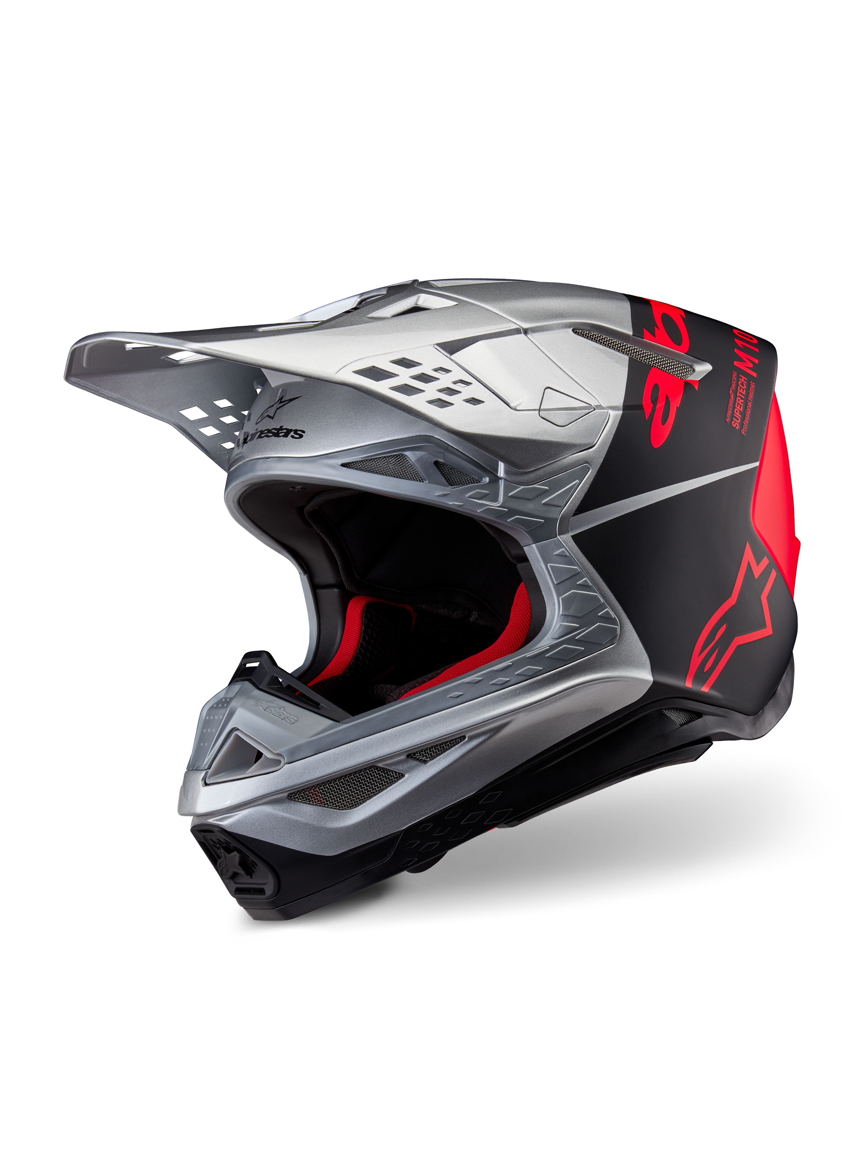 Alpinestars Supertech M10 Flood ECE 22.06 Helmet, casco da motocross, argento, nero e arancione fluo, finitura opaca e lucida, calotta in carbonio con logo Alpinestars e numerose prese d'aria