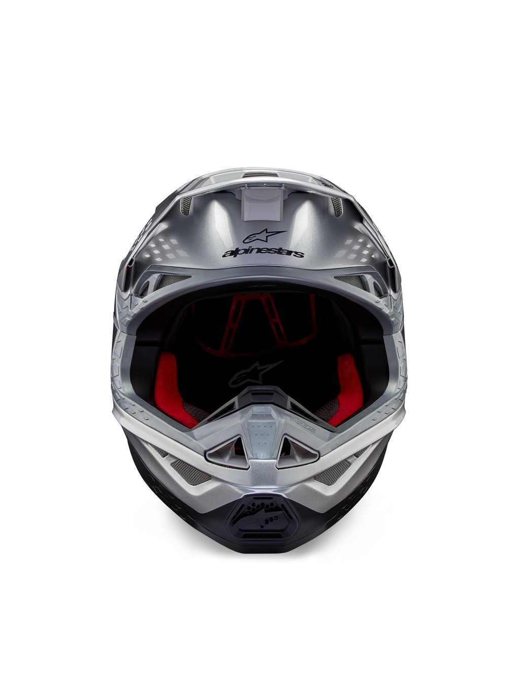 Casco Alpinestars Supertech M10 Flood ECE 22.06, casco da motocross, argento, nero e arancione fluo, vista frontale con calotta aerodinamica, ampia apertura per la maschera con imbottitura interna rossa, logo Alpinestars nero e mentoniera ventilata per gare fuoristrada