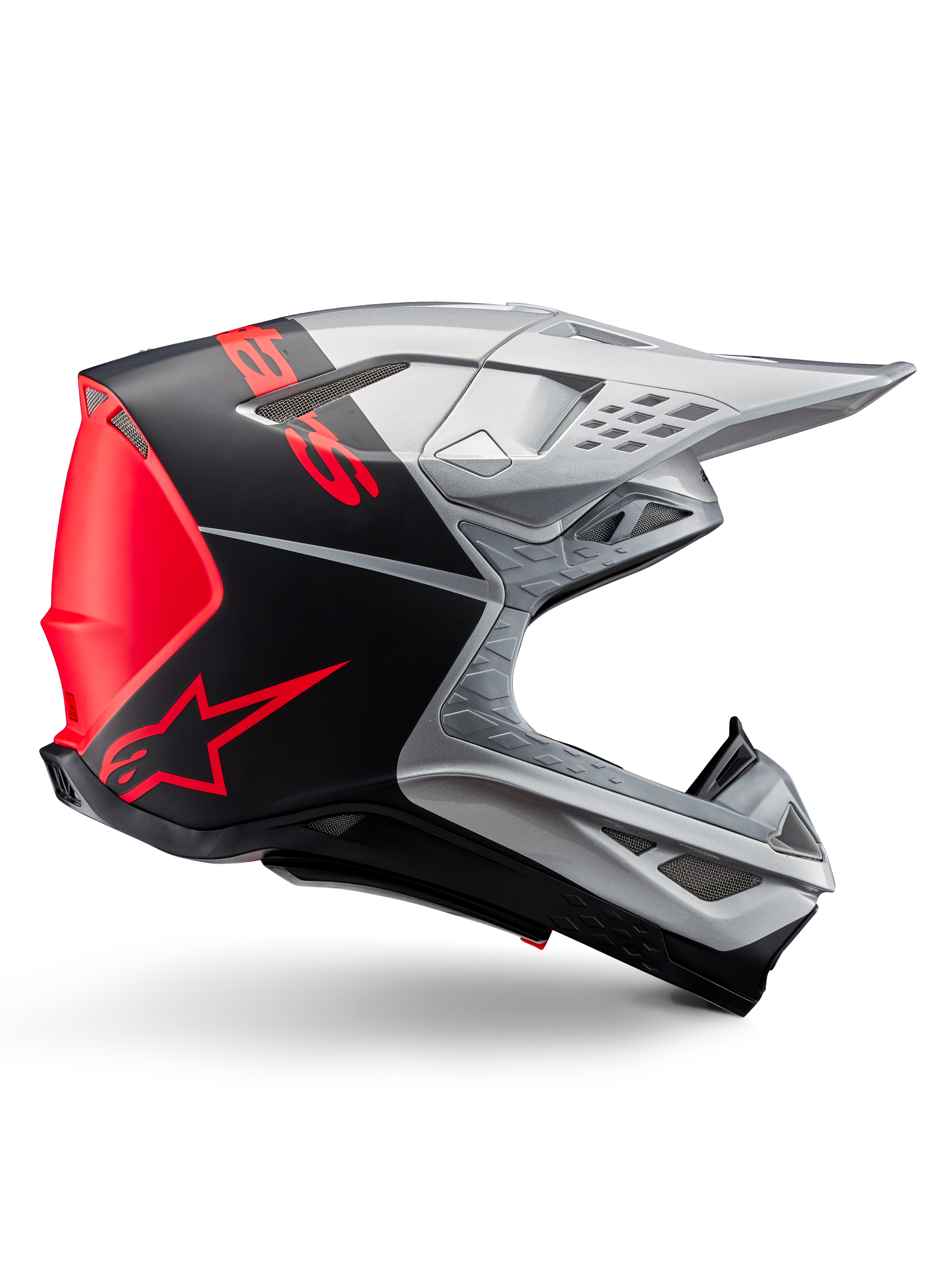 Alpinestars Supertech M10 Flood ECE 22.06 Helmet, Motocross Helmet, Silver Black and Orange Fluo, matte and glossy finish, aerodynamic profile with multi-composite shell, bold branding with orange Alpinestars logo, high-flow ventilation ports and protective visor