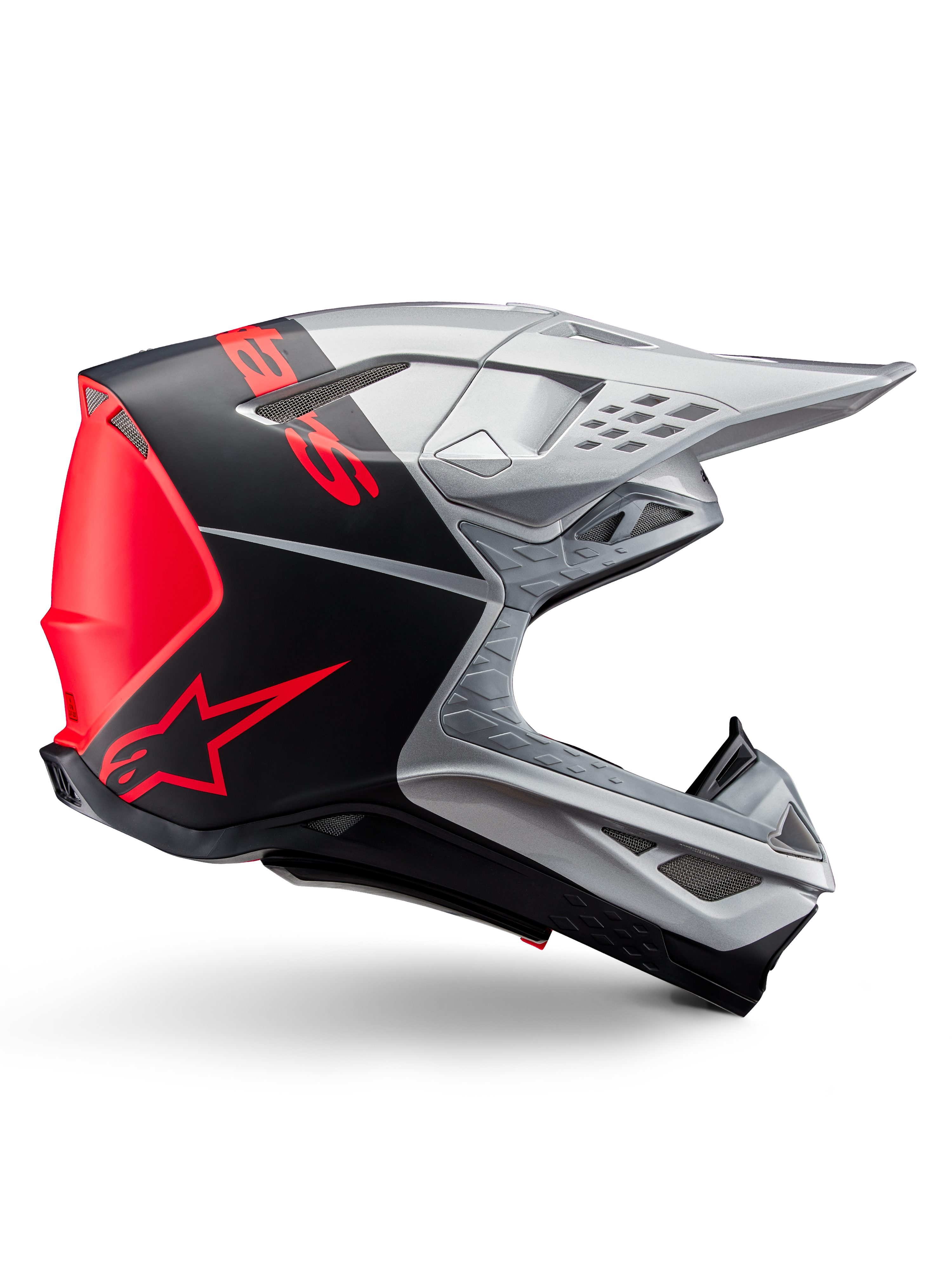 Alpinestars Supertech M10 Flood ECE 22.06 Helmet, casco da motocross, argento, nero e arancione fluo, finitura opaca e lucida, profilo aerodinamico con calotta multi-composita, branding audace con logo Alpinestars arancione, prese d'aria ad alto flusso e visiera protettiva
