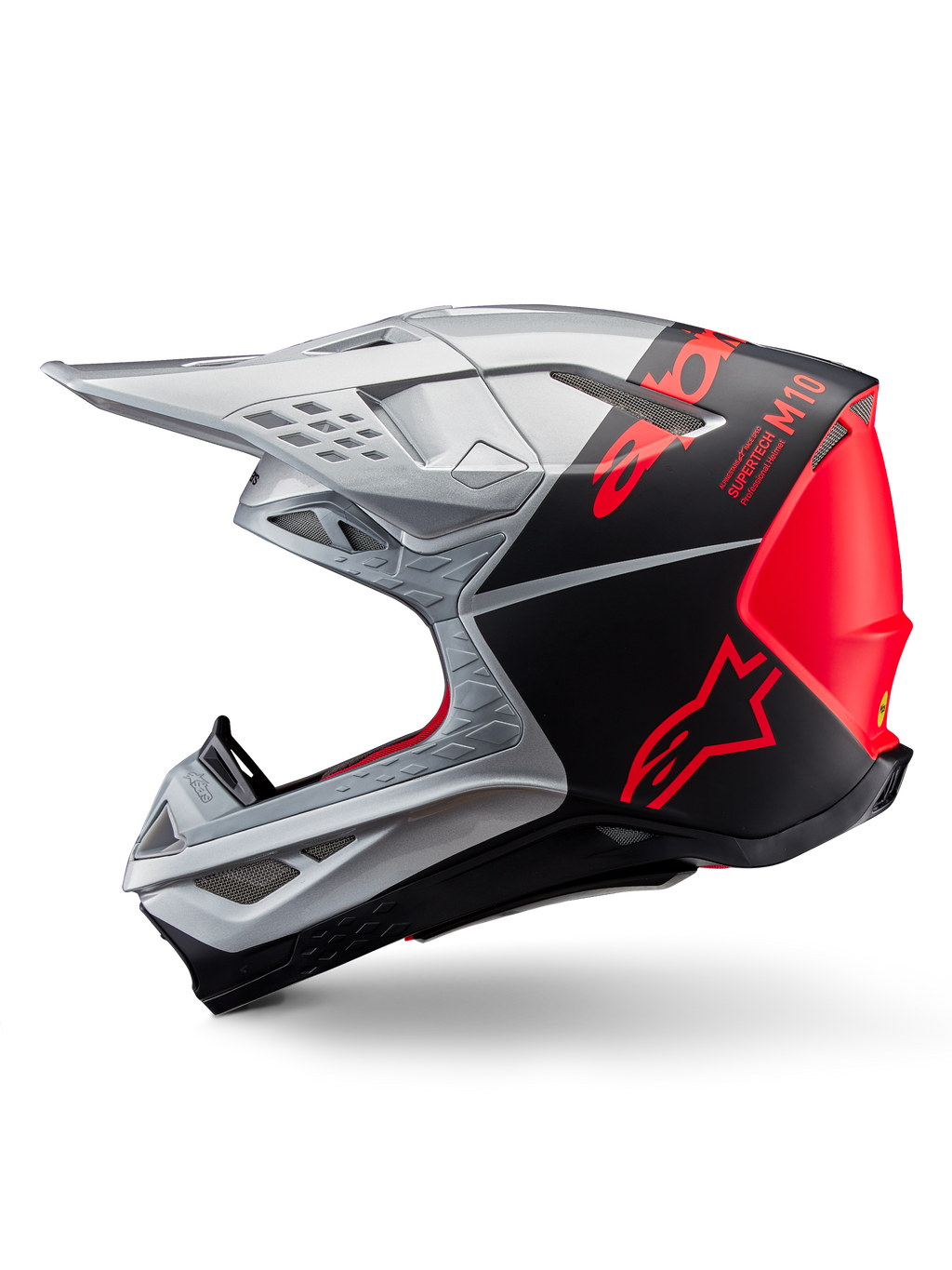 Casco Alpinestars Supertech M10 Flood, casco da motocross, argento e nero con accenti arancione fluo, profilo laterale, design aerodinamico con prese d'aria, finitura opaca e lucida, protezione professionale per gare off-road