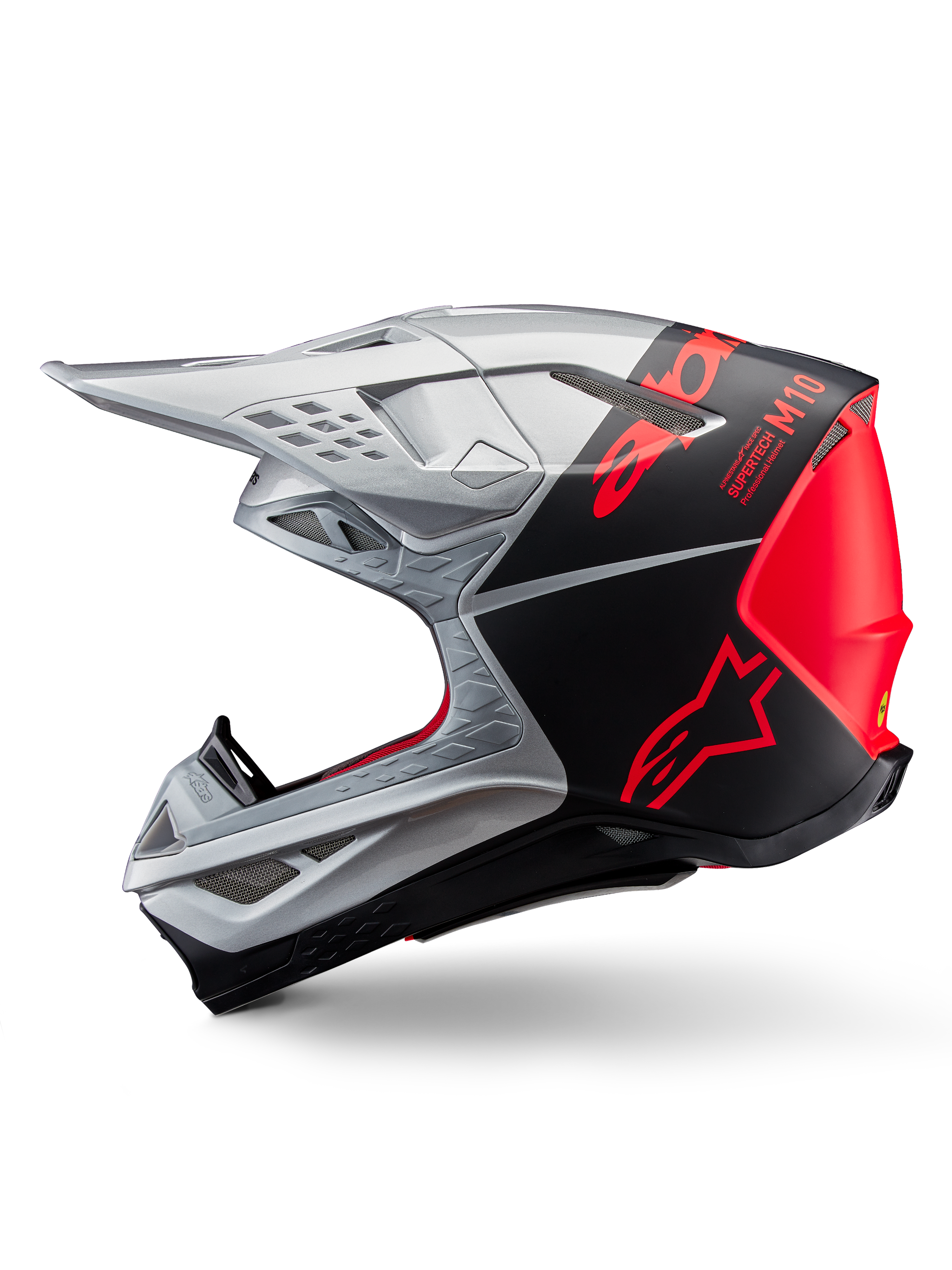 Casco Alpinestars Supertech M10 Flood, casco da motocross, argento e nero con accenti arancione fluo, profilo laterale, design aerodinamico con prese d'aria, finitura opaca e lucida, protezione professionale per gare off-road