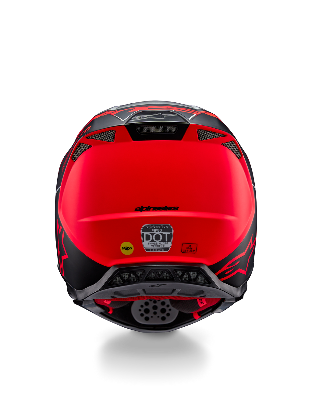 Casco Alpinestars Supertech M10 Flood, vista posteriore, argento, nero e arancione fluorescente opaco, con prese d'aria di scarico integrate, adesivi di certificazione DOT ed ECE, logo Mips giallo e profilo aerodinamico elegante per gare di motocross