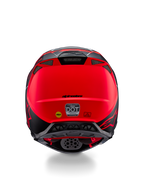 Casco Alpinestars Supertech M10 Flood, vista posteriore, argento, nero e arancione fluorescente opaco, con prese d'aria di scarico integrate, adesivi di certificazione DOT ed ECE, logo Mips giallo e profilo aerodinamico elegante per gare di motocross