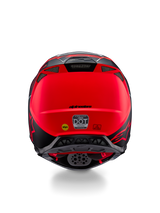 Alpinestars Supertech M10 Flood Helmet, Rear View, Silver Black and Fluorescent Orange Matte, featuring integrated exhaust vents, DOT and ECE certification stickers, yellow Mips logo, and sleek aerodynamic profile for motocross racing