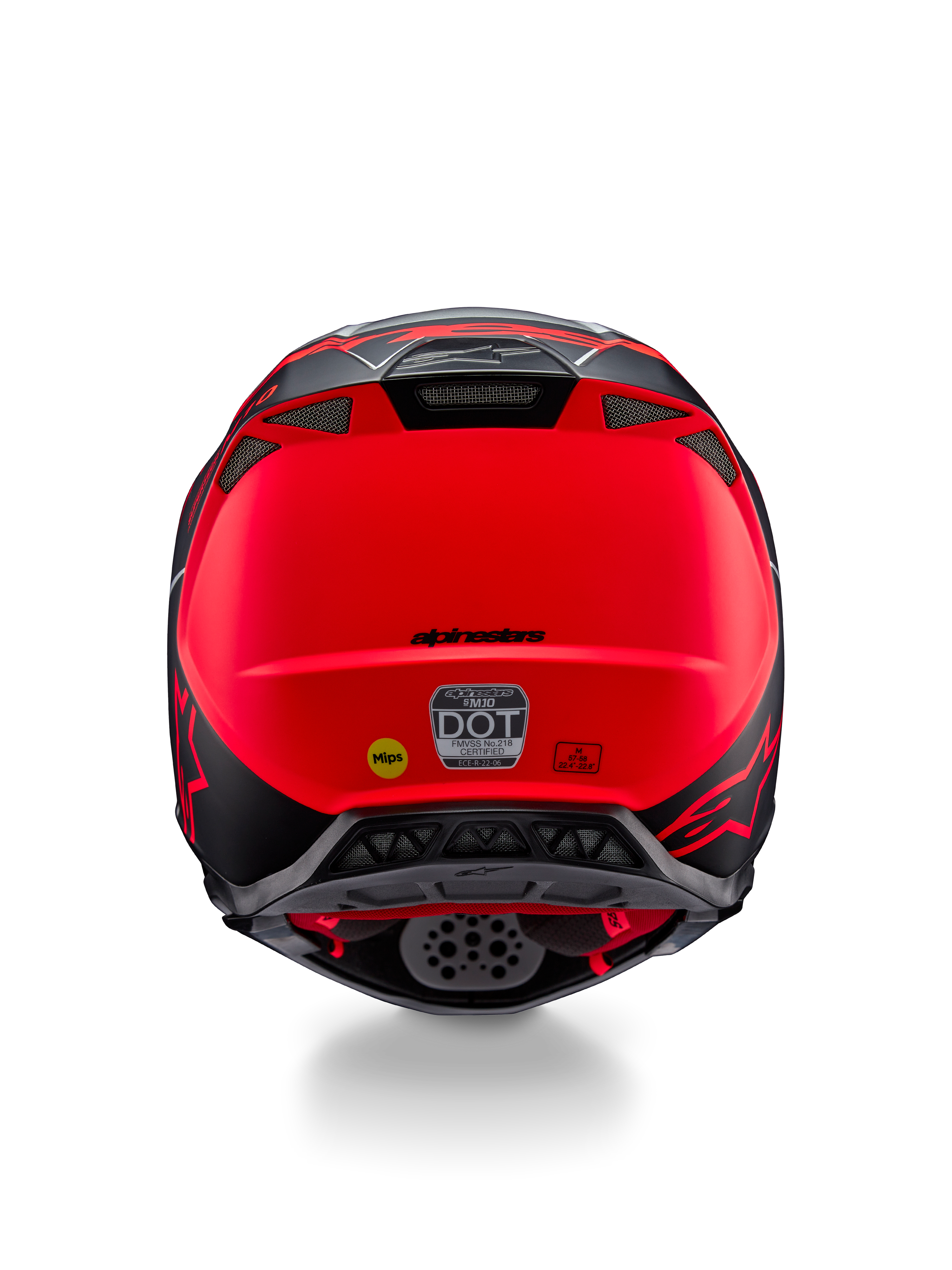Casco Alpinestars Supertech M10 Flood, vista posteriore, argento, nero e arancione fluorescente opaco, con prese d'aria di scarico integrate, adesivi di certificazione DOT ed ECE, logo Mips giallo e profilo aerodinamico elegante per gare di motocross