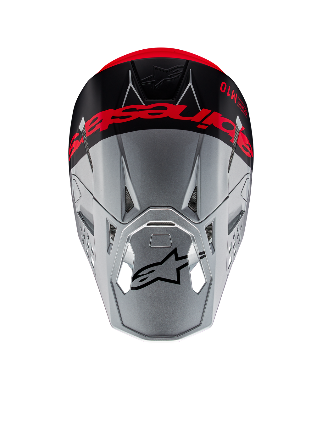 Casco Alpinestars Supertech M10 Flood ECE 22.06, casco da motocross, argento e nero con arancione fluorescente, vista dall'alto che mostra il marchio evidente sulla calotta, logo Astars nero sulla visiera, profilo aerodinamico snello con porte di ventilazione, finiture opache e lucide.