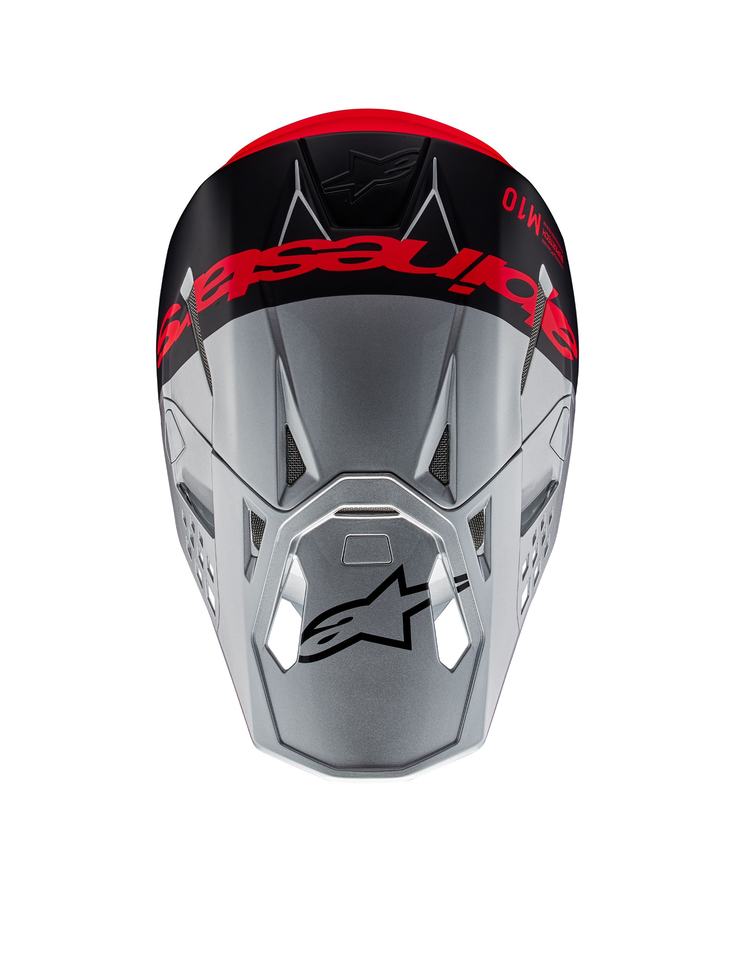 Casco Alpinestars Supertech M10 Flood ECE 22.06, casco da motocross, argento e nero con arancione fluorescente, vista dall'alto che mostra il marchio evidente sulla calotta, logo Astars nero sulla visiera, profilo aerodinamico snello con porte di ventilazione, finiture opache e lucide.