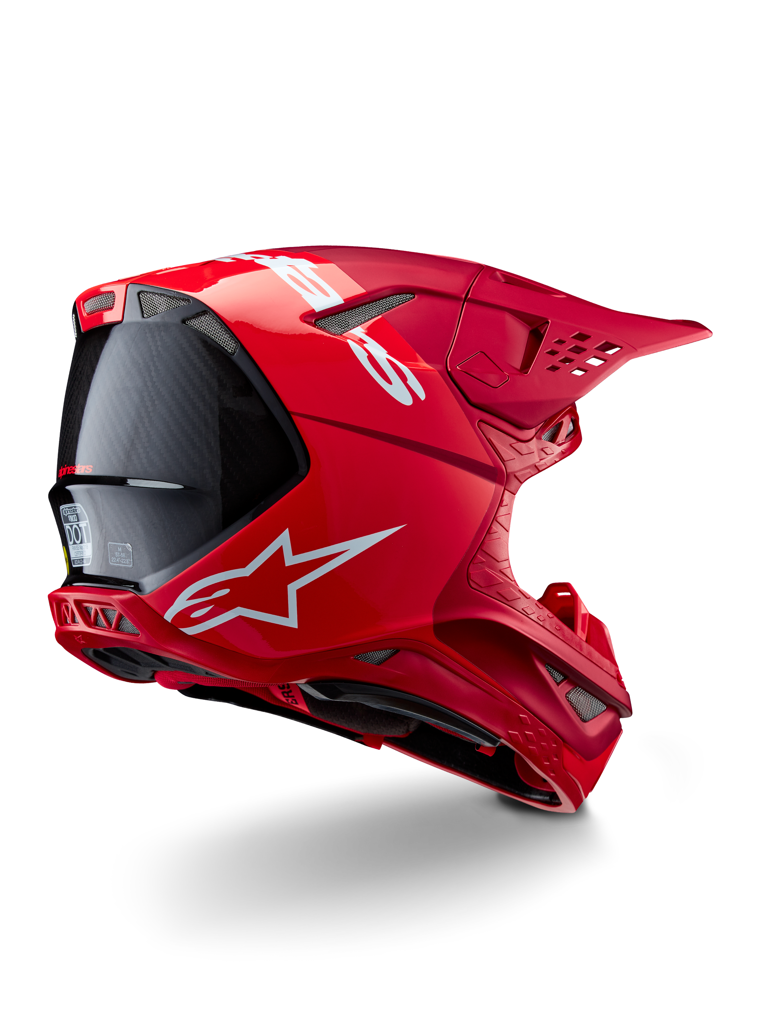 Casco Alpinestars Supertech M10 Flood, casco da motocross, rosso e rosso fluo, finitura opaca e lucida, vista di profilo posteriore con logo Alpinestars bianco e accenti in fibra di carbonio, design aerodinamico con molteplici prese d'aria, protezione per la testa off-road ad alte prestazioni