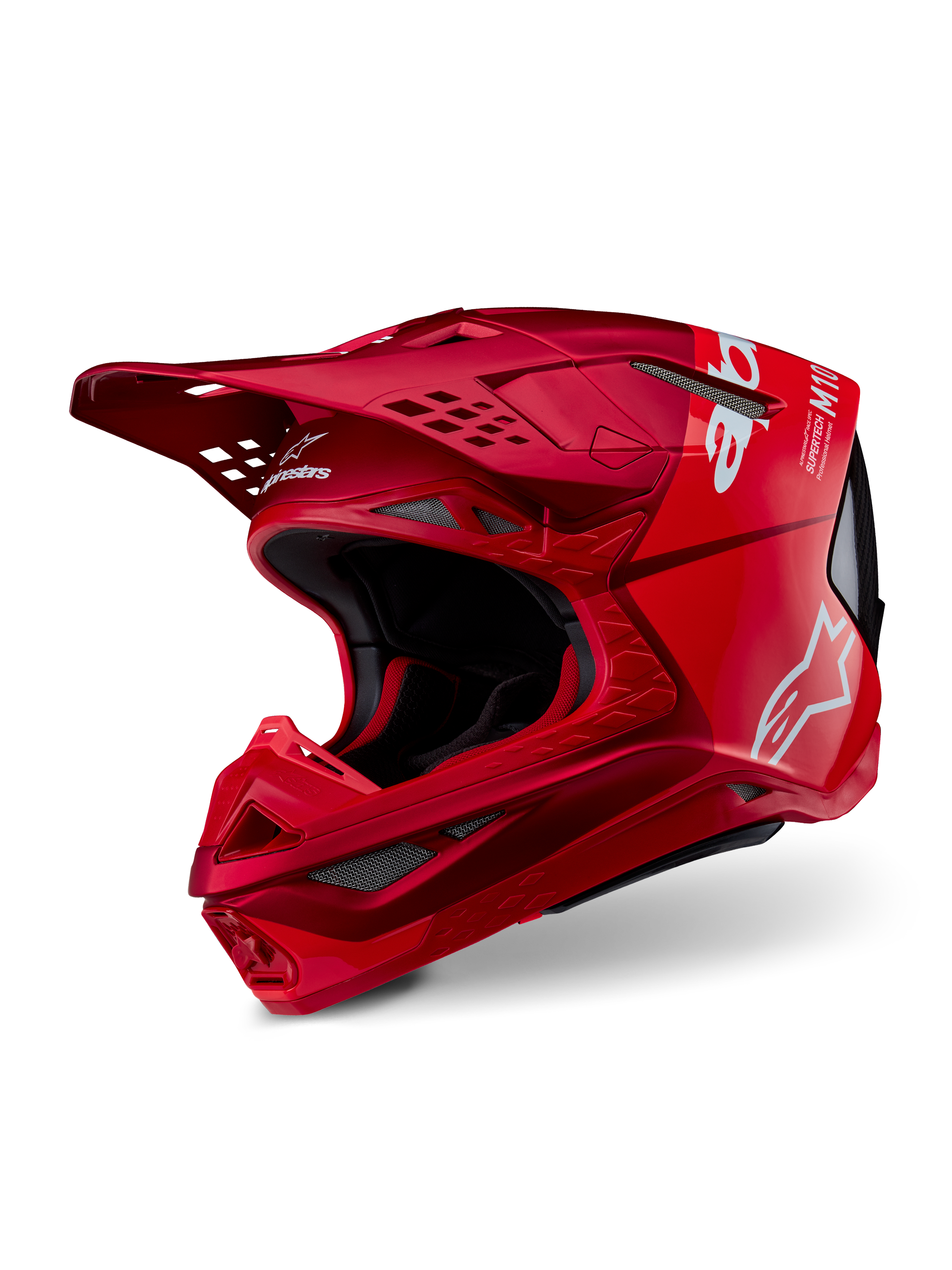 Alpinestars Supertech M10 Flood, casco da motocross, rosso e rosso fluo opaco e lucido, con loghi Alpinestars bianchi, profilo aerodinamico con numerose prese d'aria, calotta leggera in carbonio composito per corse fuoristrada