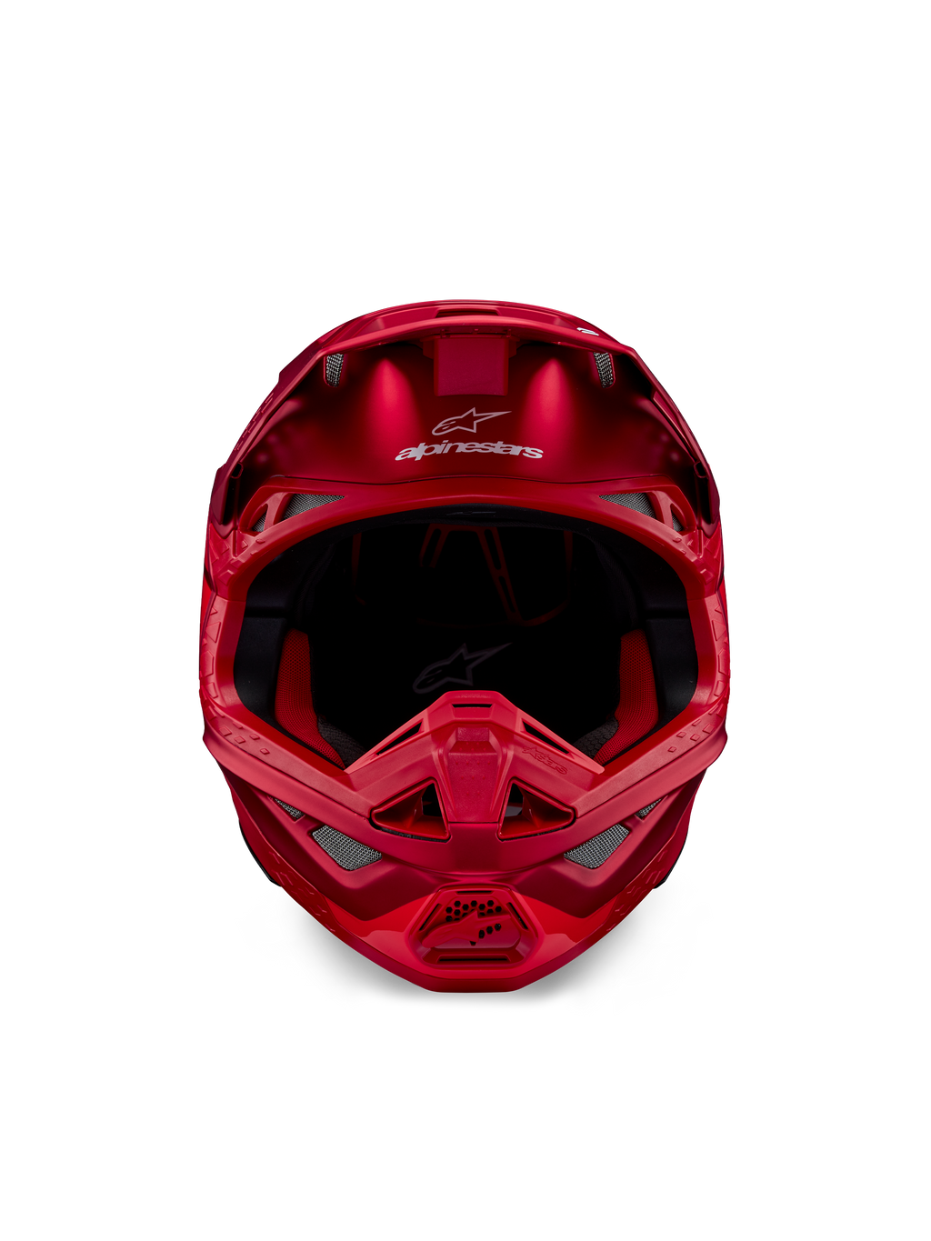 Casco Alpinestars Supertech M10 Flood, casco da motocross, rosso fluo e rosso opaco/lucido, vista frontale con profilo aerodinamico e molteplici prese d'aria, logo Alpinestars sulla fronte e rivestimento interno rosso, equipaggiamento professionale da gara fuoristrada