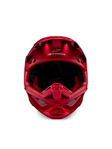 Casco Alpinestars Supertech M10 Flood, casco da motocross, rosso fluo e rosso opaco/lucido, vista frontale con profilo aerodinamico e molteplici prese d'aria, logo Alpinestars sulla fronte e rivestimento interno rosso, equipaggiamento professionale da gara fuoristrada