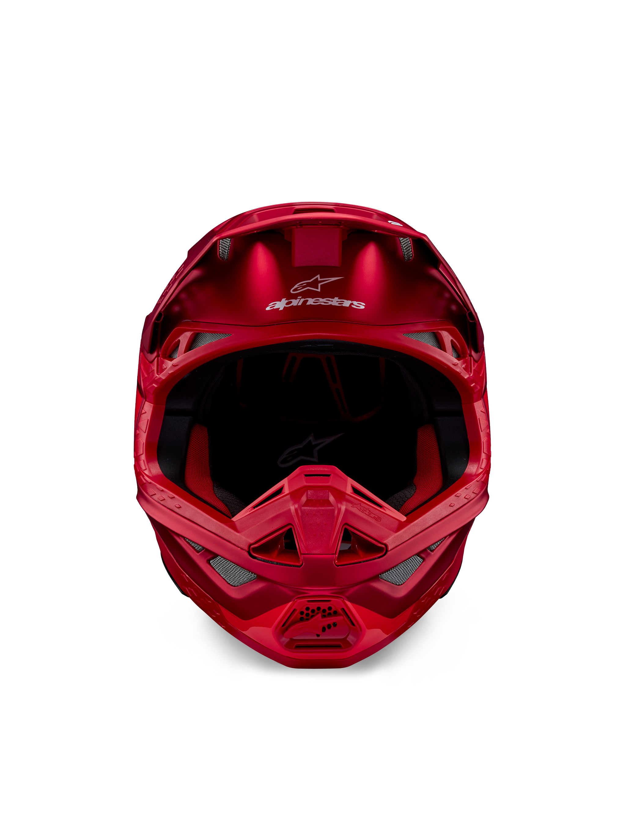 Casco Alpinestars Supertech M10 Flood, casco da motocross, rosso fluo e rosso opaco/lucido, vista frontale con profilo aerodinamico e molteplici prese d'aria, logo Alpinestars sulla fronte e rivestimento interno rosso, equipaggiamento professionale da gara fuoristrada