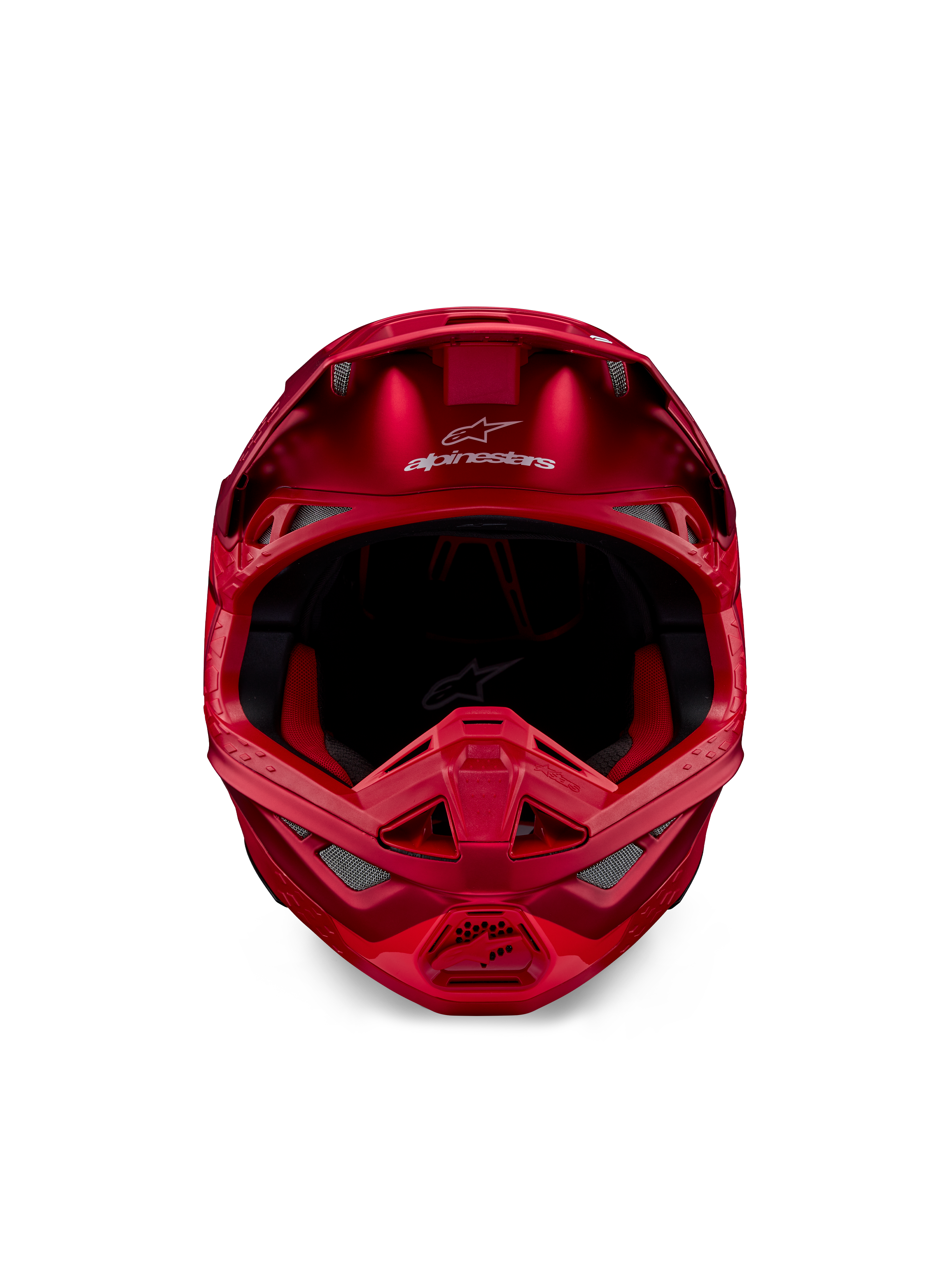 Casco Alpinestars Supertech M10 Flood, casco da motocross, rosso fluo e rosso opaco/lucido, vista frontale con profilo aerodinamico e molteplici prese d'aria, logo Alpinestars sulla fronte e rivestimento interno rosso, equipaggiamento professionale da gara fuoristrada