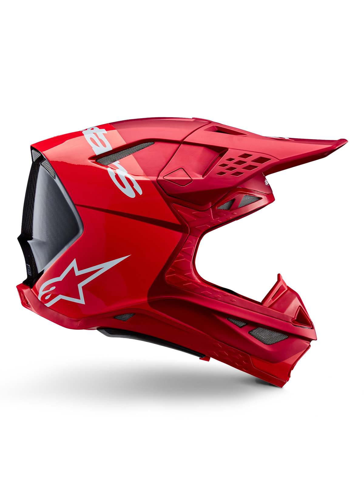 Casco Alpinestars Supertech M10 Flood, casco da motocross, rosso fluo, rosso opaco e lucido, vista laterale con branding bianco, diverse prese d'aria con griglia e design aerodinamico per competizioni fuoristrada