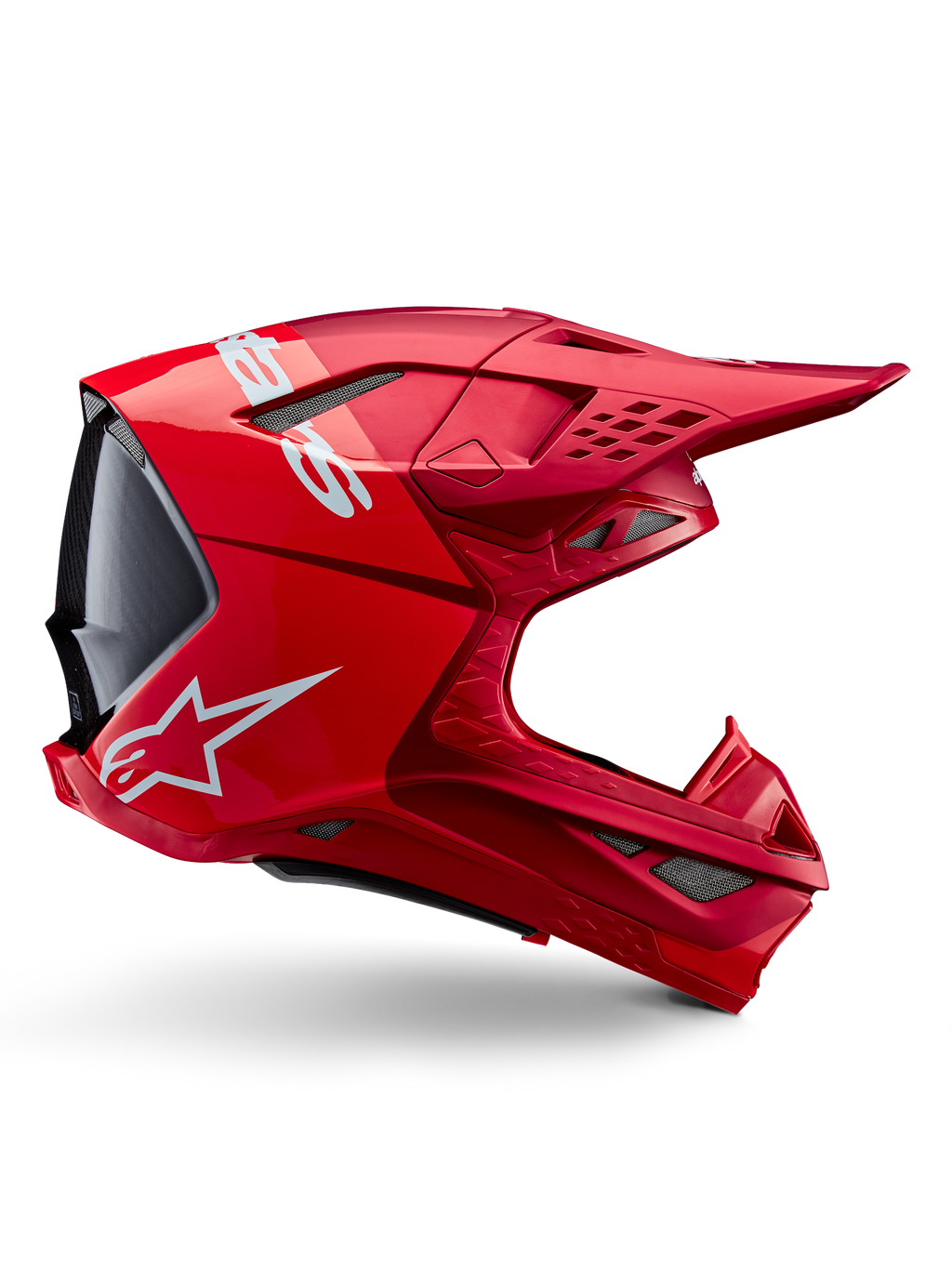 Casco Alpinestars Supertech M10 Flood, casco da motocross, rosso fluo, rosso opaco e lucido, vista laterale con branding bianco, diverse prese d'aria con griglia e design aerodinamico per competizioni fuoristrada