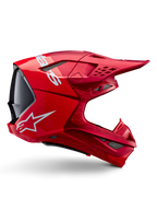 Casco Alpinestars Supertech M10 Flood, casco da motocross, rosso fluo, rosso opaco e lucido, vista laterale con branding bianco, diverse prese d'aria con griglia e design aerodinamico per competizioni fuoristrada