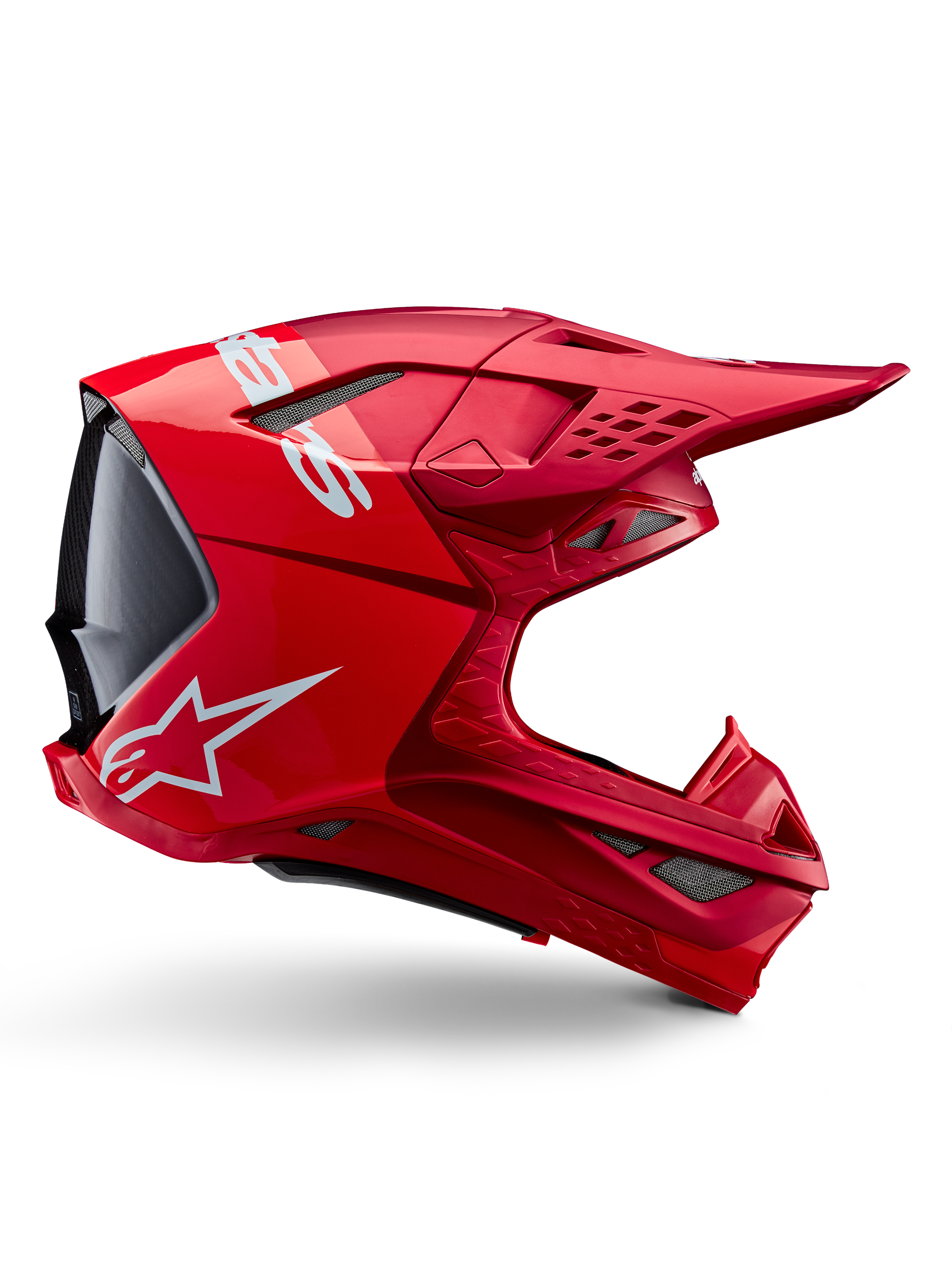 Casco Alpinestars Supertech M10 Flood, casco da motocross, rosso fluo, rosso opaco e lucido, vista laterale con branding bianco, diverse prese d'aria con griglia e design aerodinamico per competizioni fuoristrada
