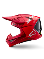 Casco Alpinestars Supertech M10 Flood ECE 22.06, casco da motocross, rosso e rosso fluo con finitura opaca e lucida, vista laterale che mostra il design aerodinamico della calotta, prese d'aria multiple e logo Alpinestars bianco