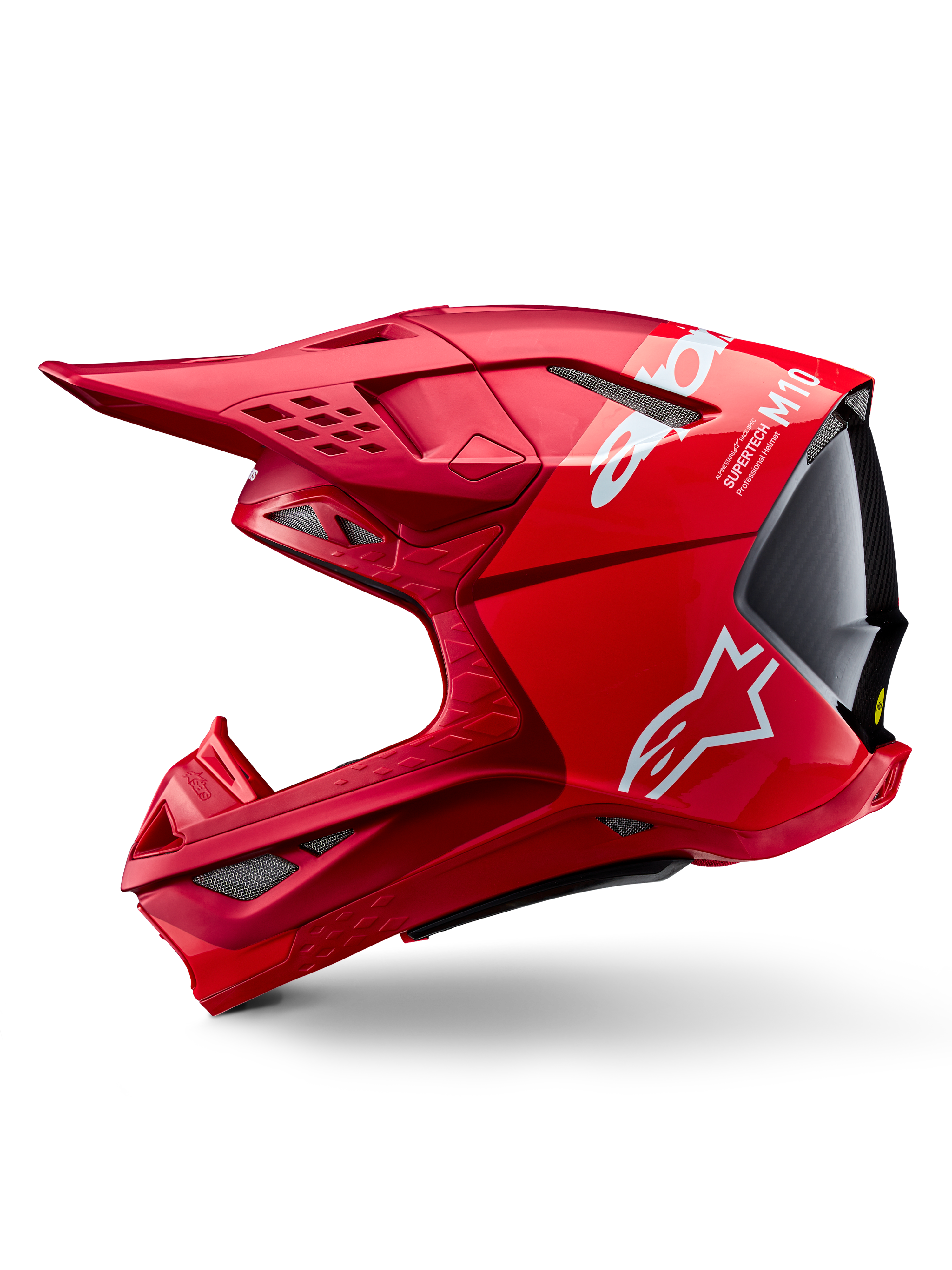 Casco Alpinestars Supertech M10 Flood ECE 22.06, casco da motocross, rosso e rosso fluo con finitura opaca e lucida, vista laterale che mostra il design aerodinamico della calotta, prese d'aria multiple e logo Alpinestars bianco