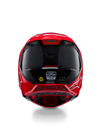 Casco Alpinestars Supertech M10 Flood ECE 22.06, vista posteriore, rosso fluo e rosso opaco e lucido, casco da motocross con trama in fibra di carbonio a vista, adesivi di certificazione MIPS e DOT e prese d'aria aerodinamiche.