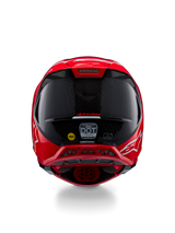 Casco Alpinestars Supertech M10 Flood ECE 22.06, vista posteriore, rosso fluo e rosso opaco e lucido, casco da motocross con trama in fibra di carbonio a vista, adesivi di certificazione MIPS e DOT e prese d'aria aerodinamiche.