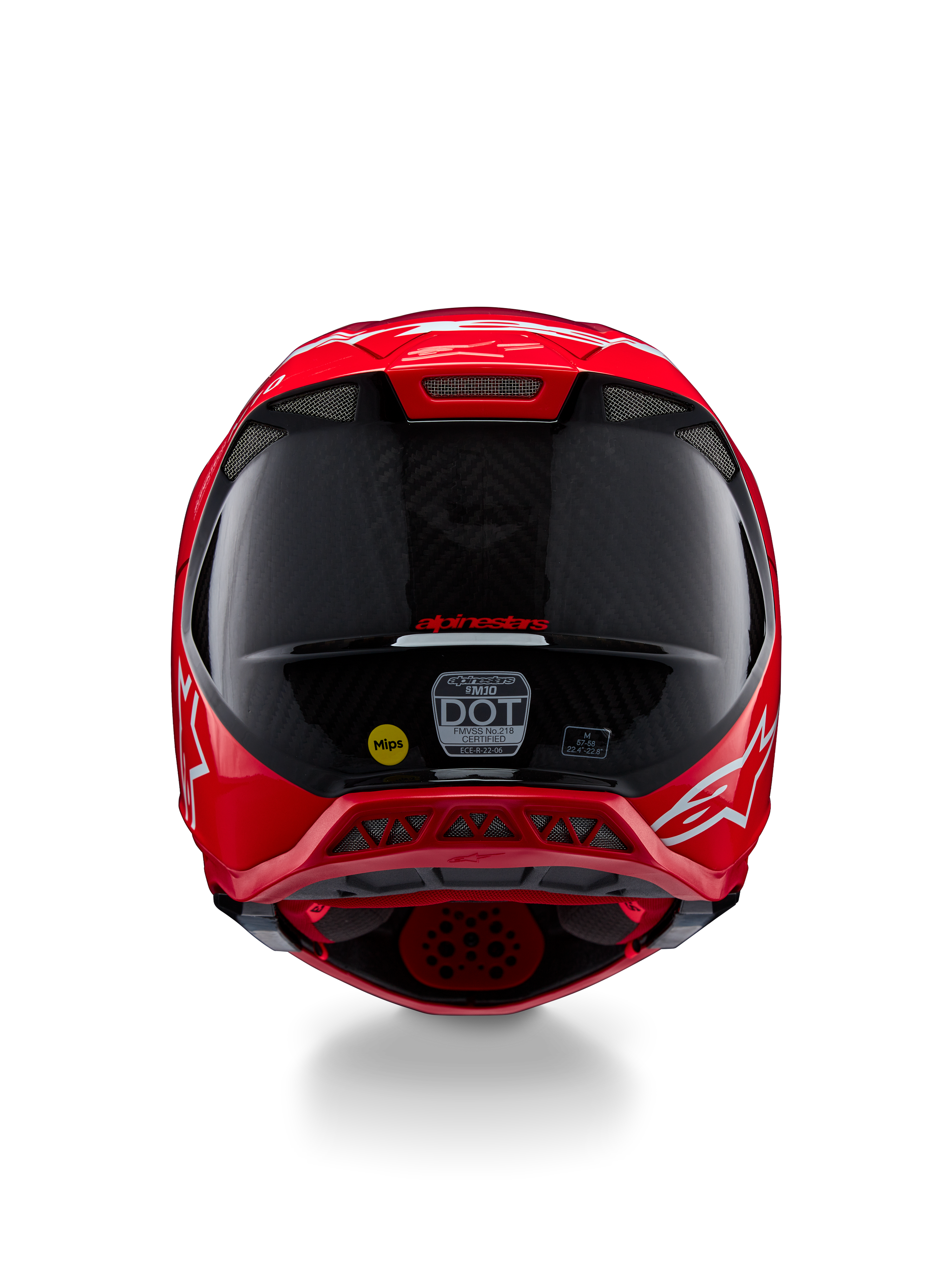 Casco Alpinestars Supertech M10 Flood ECE 22.06, vista posteriore, rosso fluo e rosso opaco e lucido, casco da motocross con trama in fibra di carbonio a vista, adesivi di certificazione MIPS e DOT e prese d'aria aerodinamiche.