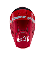 Casco Alpinestars Supertech M10 Flood, casco da motocross, rosso e rosso fluo con finitura opaca e lucida, prospettiva dall'alto con branding e logo Alpinestars in evidenza, calotta aerodinamica avanzata con prese d'aria integrate per gare fuoristrada