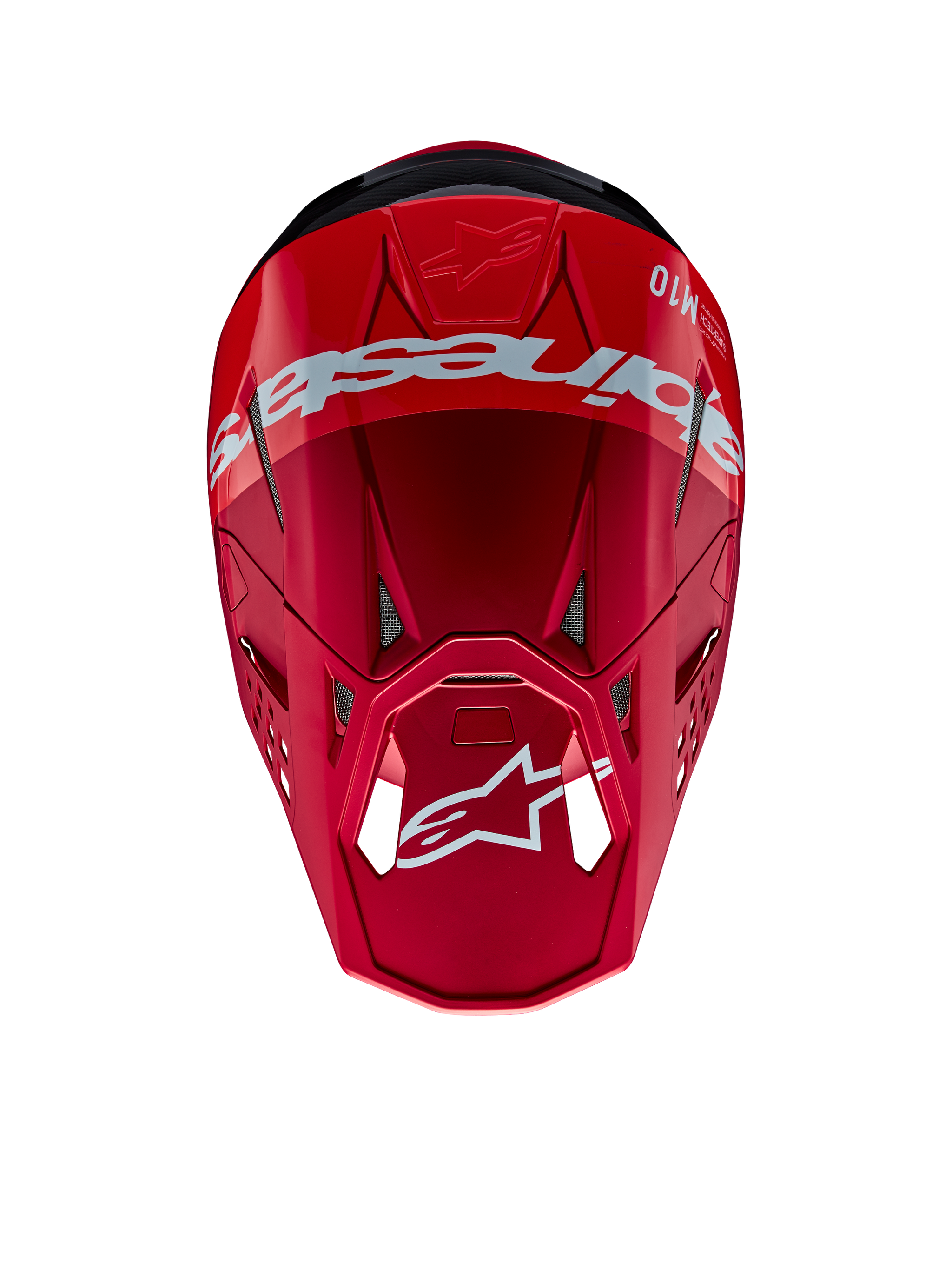 Casco Alpinestars Supertech M10 Flood, casco da motocross, rosso e rosso fluo con finitura opaca e lucida, prospettiva dall'alto con branding e logo Alpinestars in evidenza, calotta aerodinamica avanzata con prese d'aria integrate per gare fuoristrada